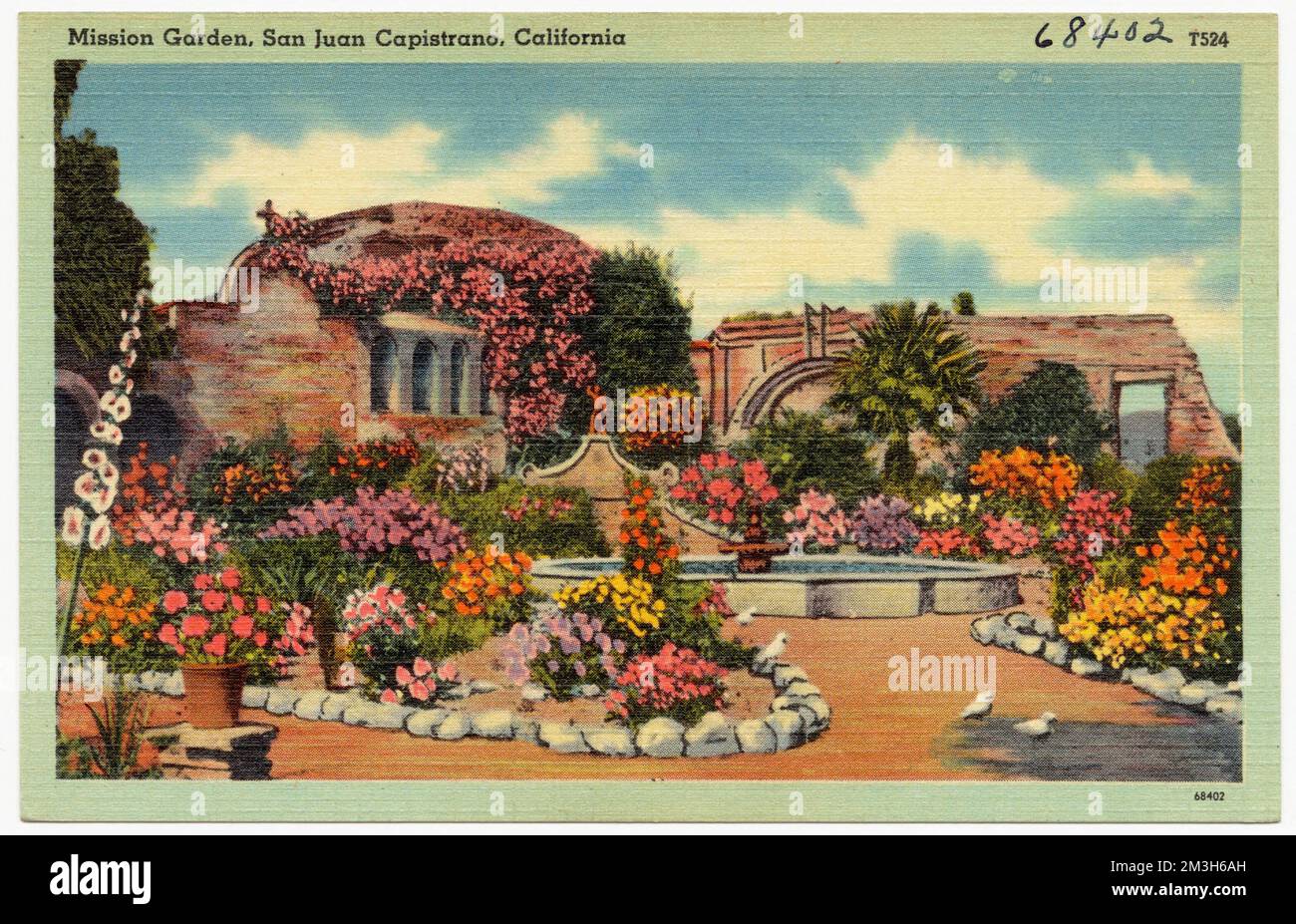 Mission Garden, San Juan Capistrano, Kalifornien, religiöse Einrichtungen, Tichnor Brothers Collection, Postkarten der Vereinigten Staaten Stockfoto