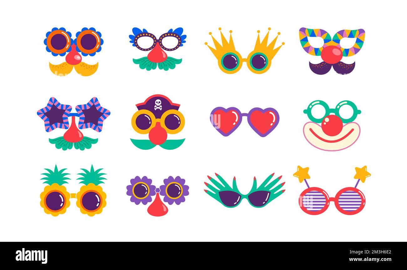 Schrullige, lustige und groucho-Nasenbrille. Karneval, Purim, Festivalmasken, Kostümteile. Farbenfrohe Vektorelemente Stock Vektor