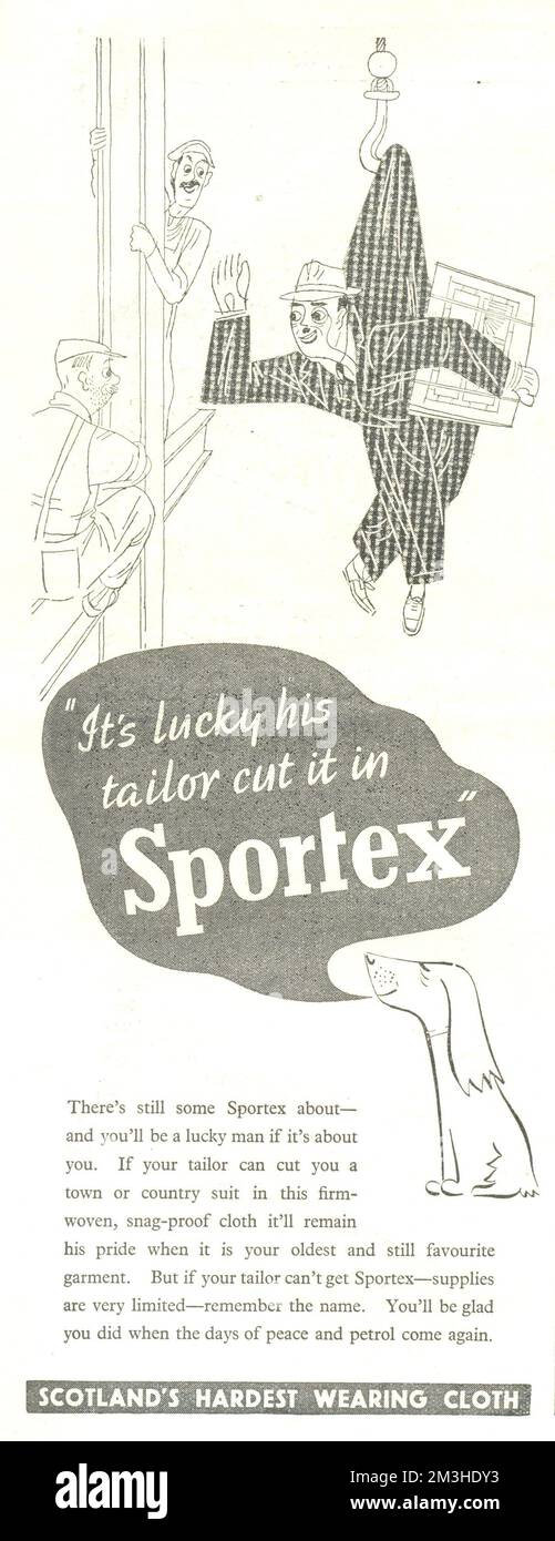 Halbseitige Werbung in Punch 23 April 1941 für Sportex, Schottlands widerstandsfähigstes Tuch Stockfoto