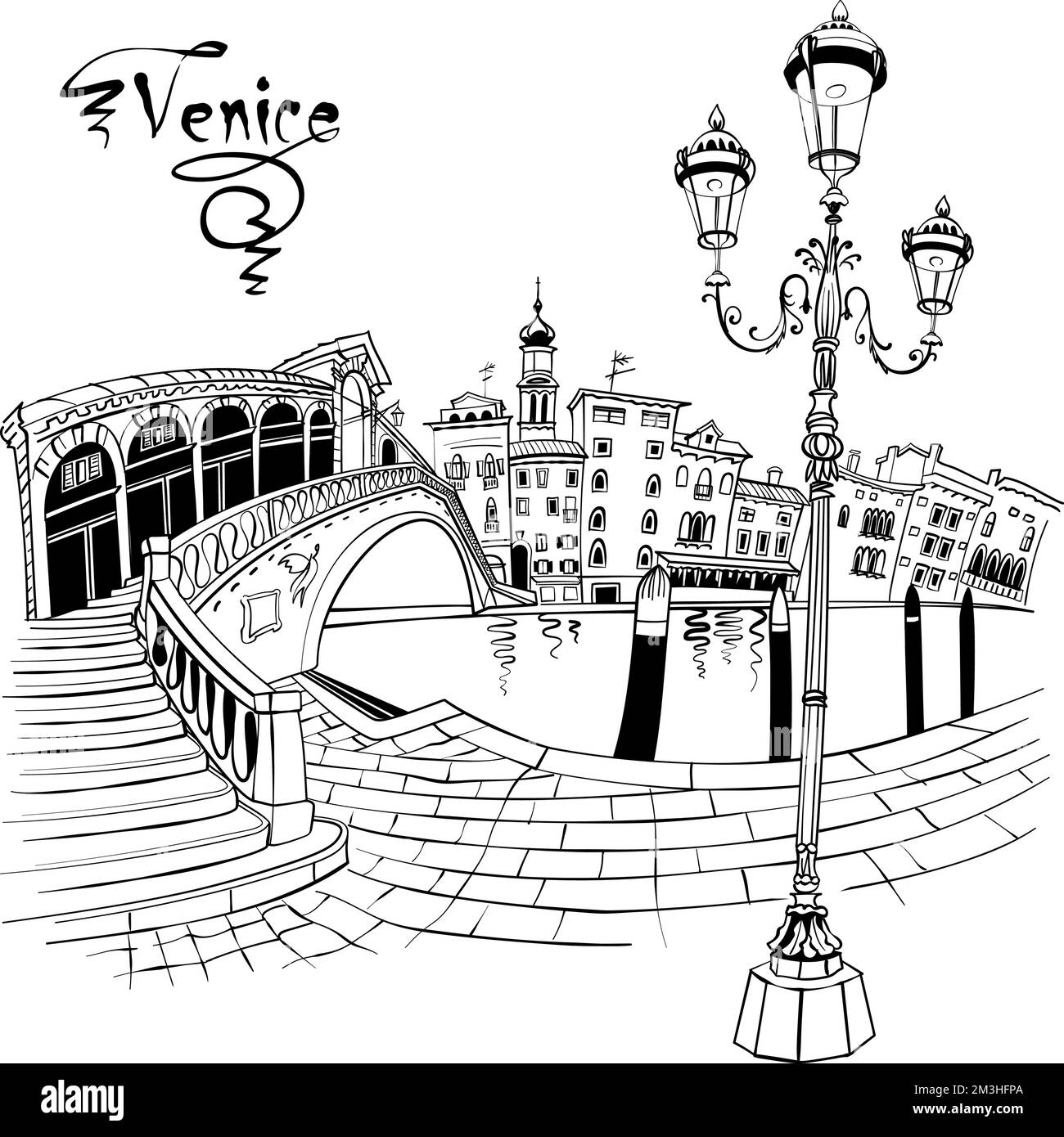 Vektortypische venezianische Straßenlaterne und Rialtobrücke über dem Canale Grande in Venedig, Italien. Schwarz auf Weiß Stock Vektor