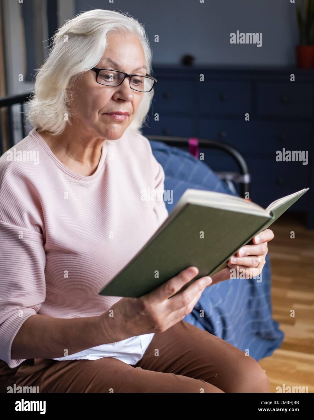 Ruhige ältere Frau, die ein Buch liest, während sie im sitzt Wohnzimmer Stockfoto