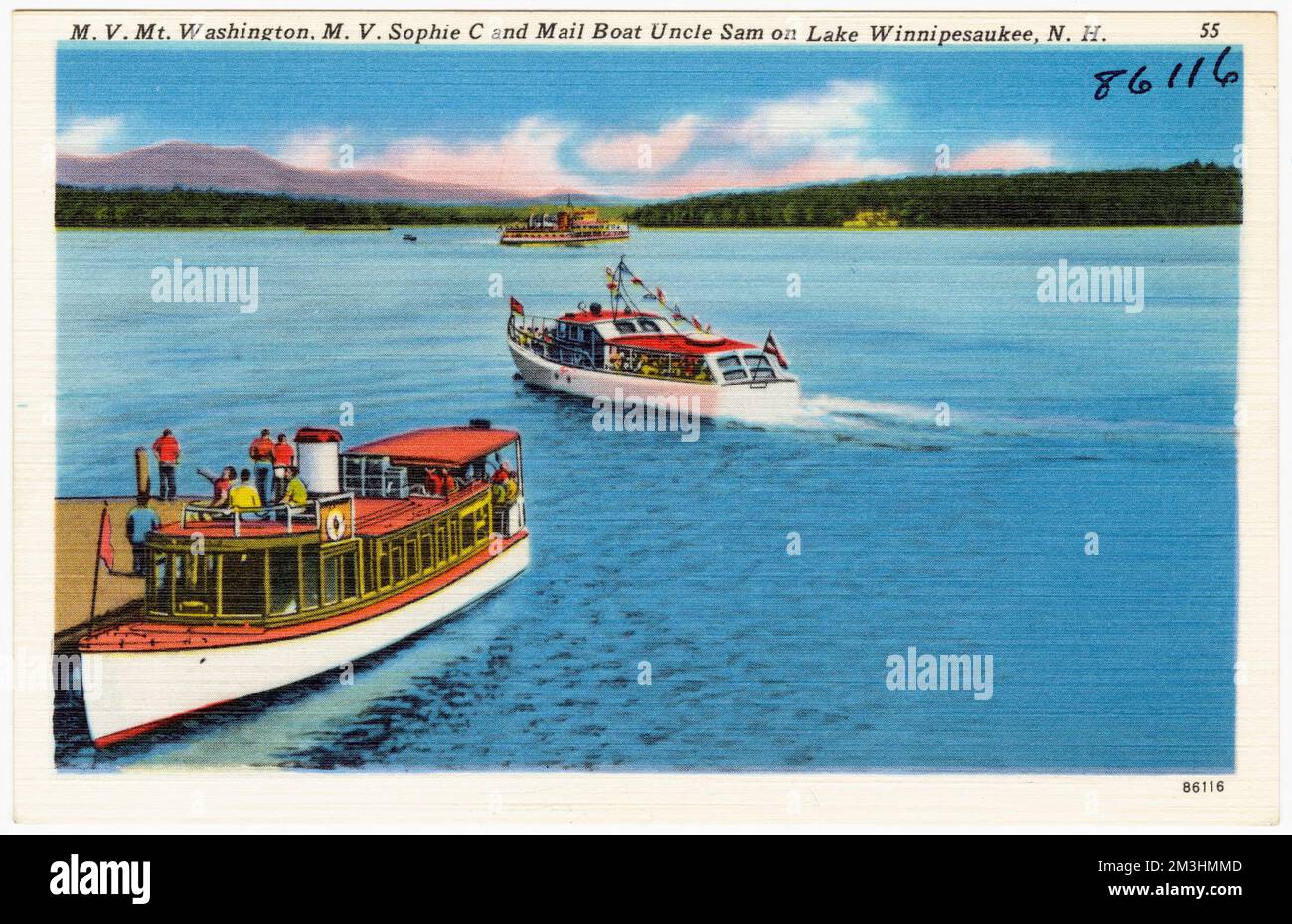 MV Mt. Washington, M.V. Sophie C und Mail Boat Uncle Sam auf dem Lake Winnipesaukee, N.H. , Seen & Teiche, Boote, Tichnor Brothers Collection, Postkarten der Vereinigten Staaten Stockfoto