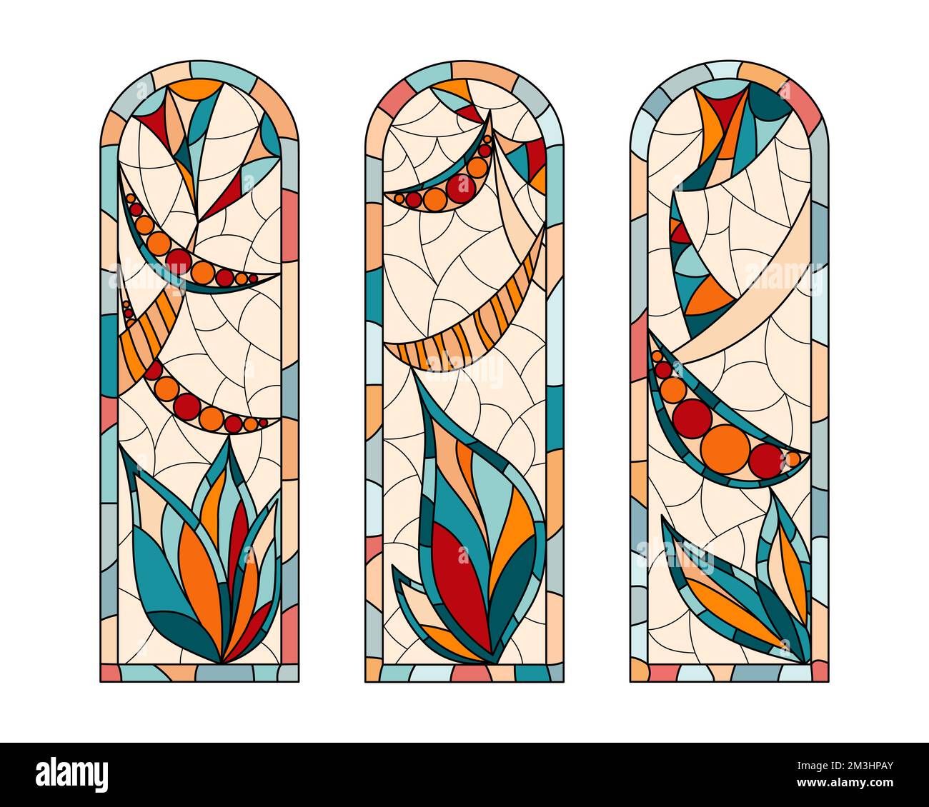 Buntglasfenster in einer Kirche. Zusammensetzung aus drei Teilen. Stock Vektor