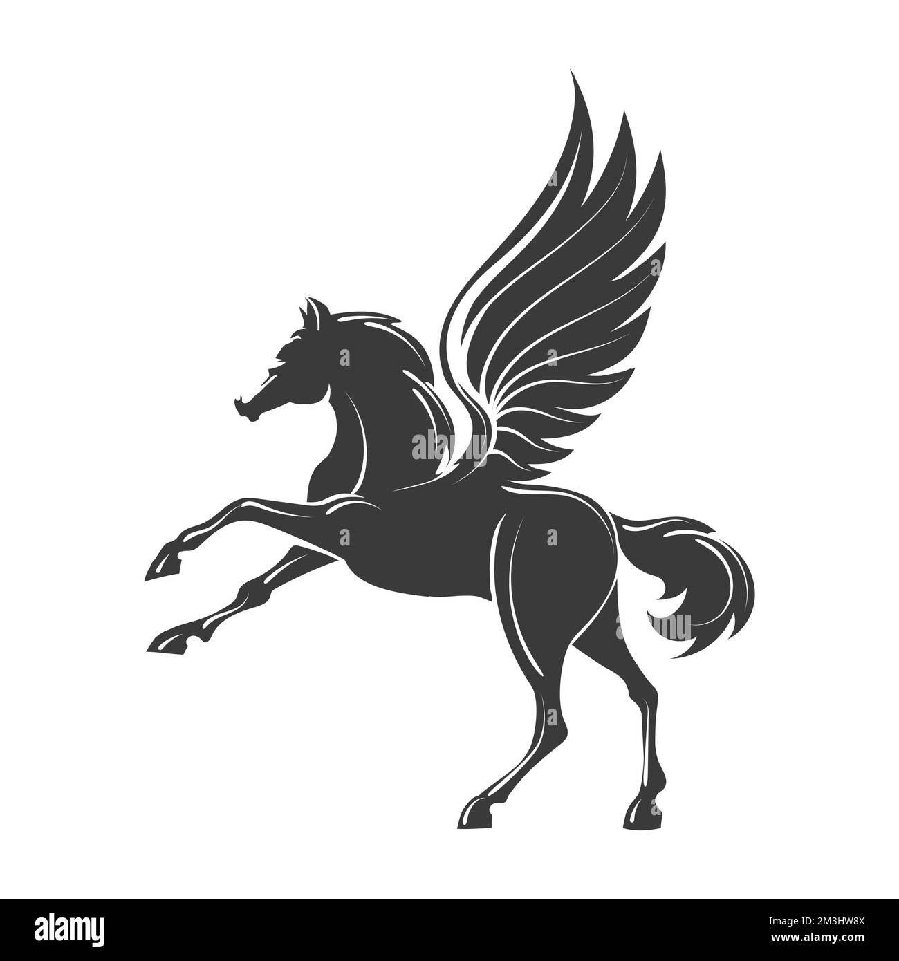 Einfarbiges Emblem des laufenden Pegasus isoliert auf weiß. Vektordarstellung. Stock Vektor