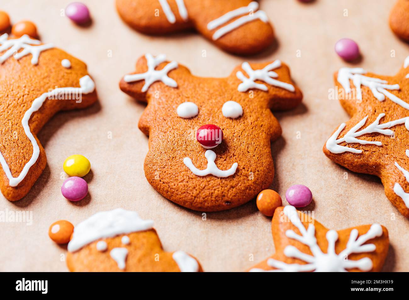 Verschiedene Auswahl an Lebkeksen mit Zuckerzusatz. Dekoriert in Weihnachtsstimmung. Frohe Neujahrsfeier. Verspielt und lustig. Stockfoto