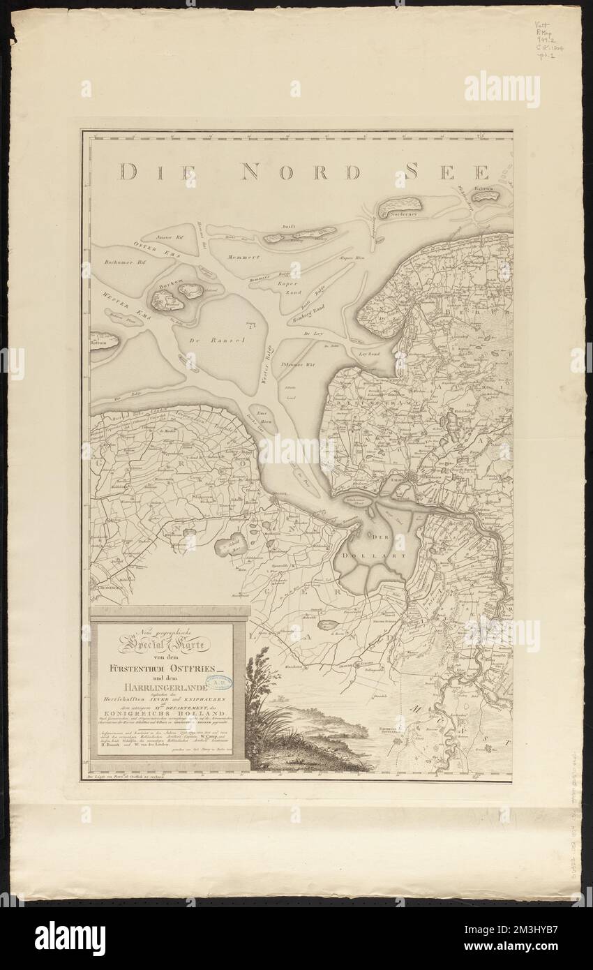 Neue geografische spezialkarte von dem Fürstenthum Ostfries, und dem Harrlingerlande : Iningleichen den Herrschafften Jever und Kniphausen als dem ietzigem XI.ten Departement, des Königsreichs Holland, nach geometrischen und trigonometrischen vermessungen, welche auf die astronomischen Observationen der Schrötter und Olbers in Herzogthum Bremen gegrundet , Ostfriesland Deutschland, Karten, Ostfriesische Inseln Deutschland, Karten Normenzentrum B. Herren Stockfoto