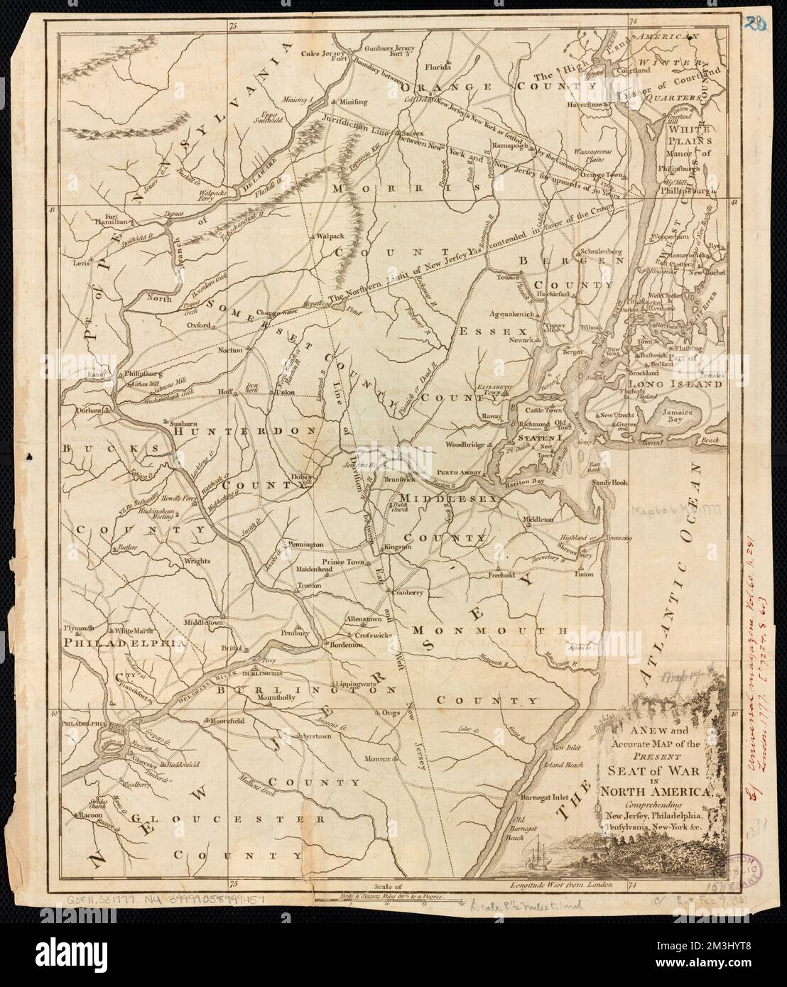 Eine neue und genaue Karte des gegenwärtigen Kriegssitzes in Nordamerika, die New Jersey, Philadelphia, Pensylvania, New York, &C, New Jersey, Geschichte, Revolution, 1775-1783, Karten, frühe Werke bis 1800, New York State, Geschichte, Revolution, 1775-1783, Karten, frühe Werke bis 1800, Philadelphia Pa., Geschichte, Revolution, 1775-1783, Karten, frühe Werke bis 1800, Nordoststaaten, Geschichte, 18.. Jahrhundert, Karten, Frühe Arbeiten zur Norman B. Leventhal Map Center Collection 1800 Stockfoto