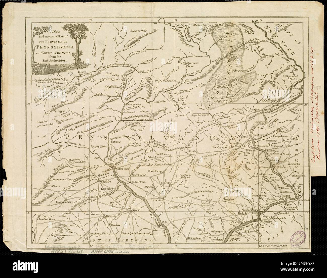 Eine neue und genaue Karte der Provinz Pennsylvania in Nordamerika, von den besten Behörden, Pennsylvania, Karten, frühe Arbeiten bis 1800 Norman B. Leventhal Map Center Collection Stockfoto