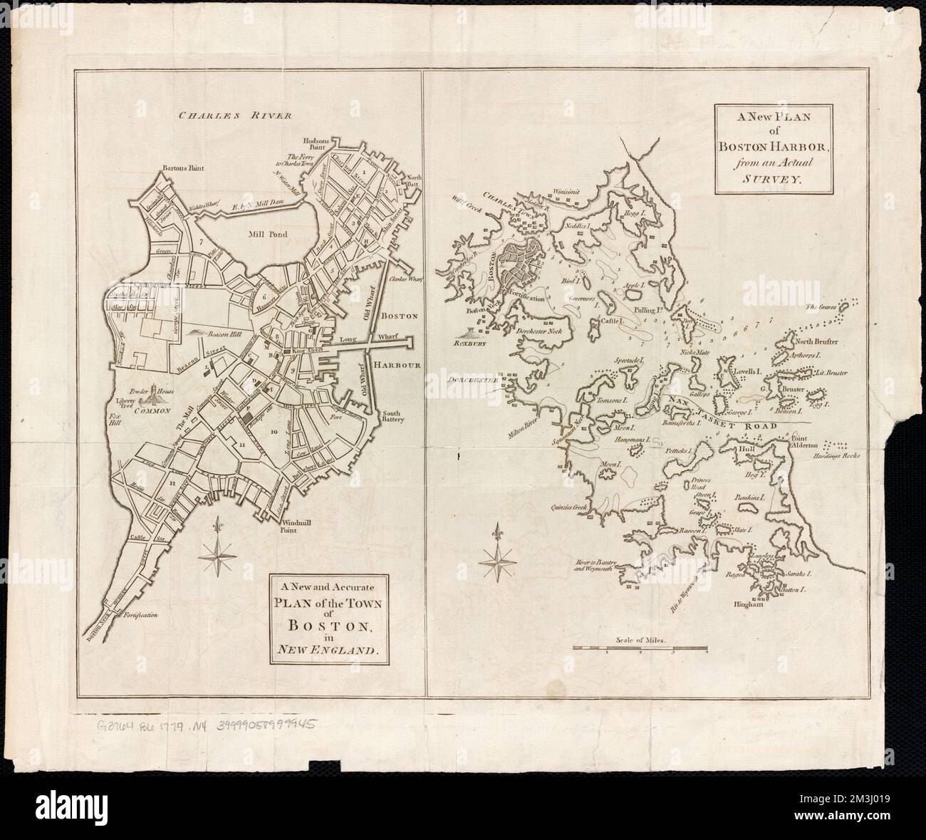 Ein neuer und präziser Plan der Stadt Boston in New England : Ein neuer Plan von Boston Harbor aus einer aktuellen Umfrage , Boston Mass., Karten, frühe Arbeiten bis 1800, Boston Harbor Mass., Karten, frühe Arbeiten bis 1800 Norman B. Leventhal Map Center Collection Stockfoto