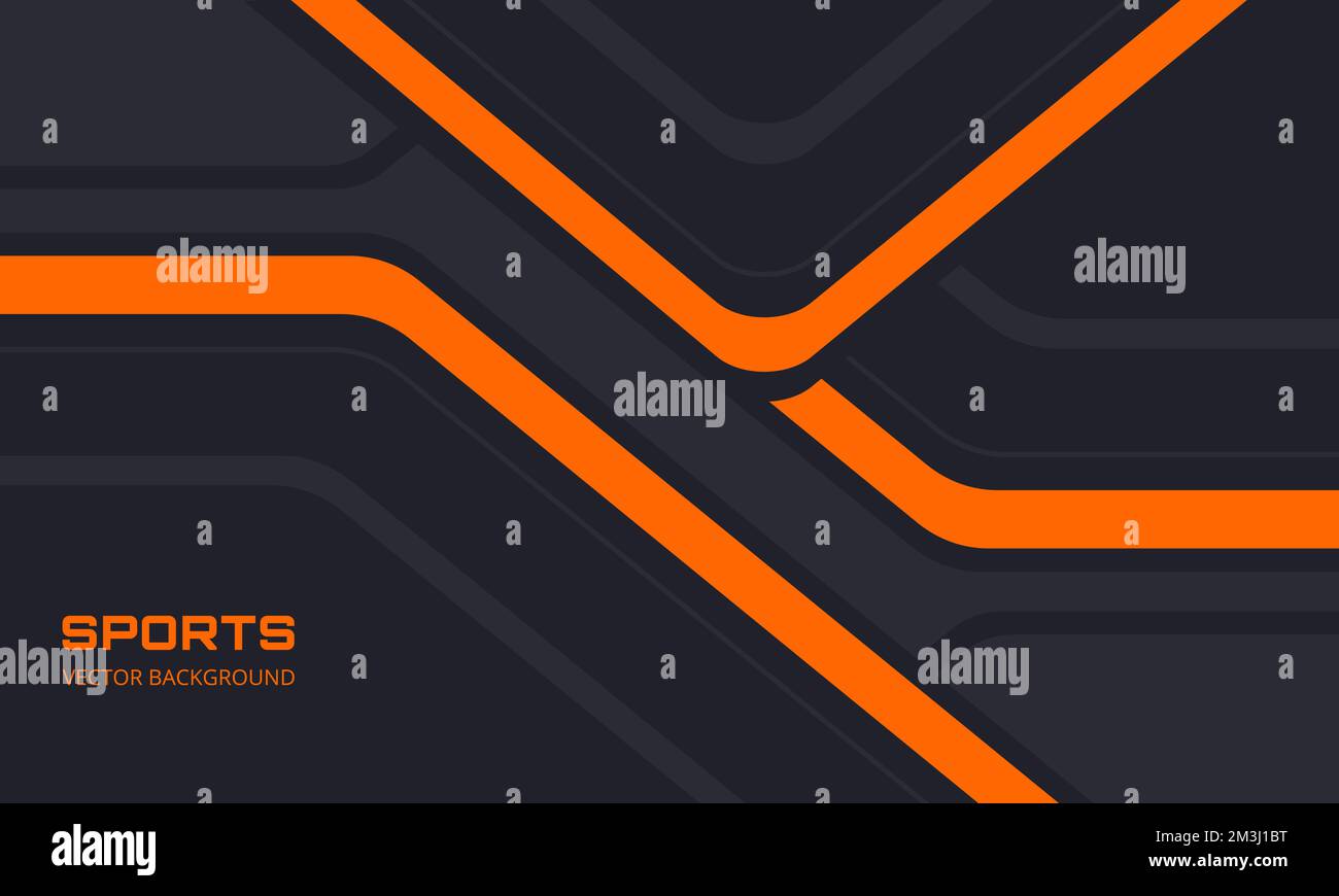 Orangefarbener und schwarzer Sporthintergrund mit abstrakten Design-Bewegungselementen, Winkeln und Pfeilen. Abstrakter dunkelgrauer und orangefarbener Hintergrund mit Wellenform. Stock Vektor