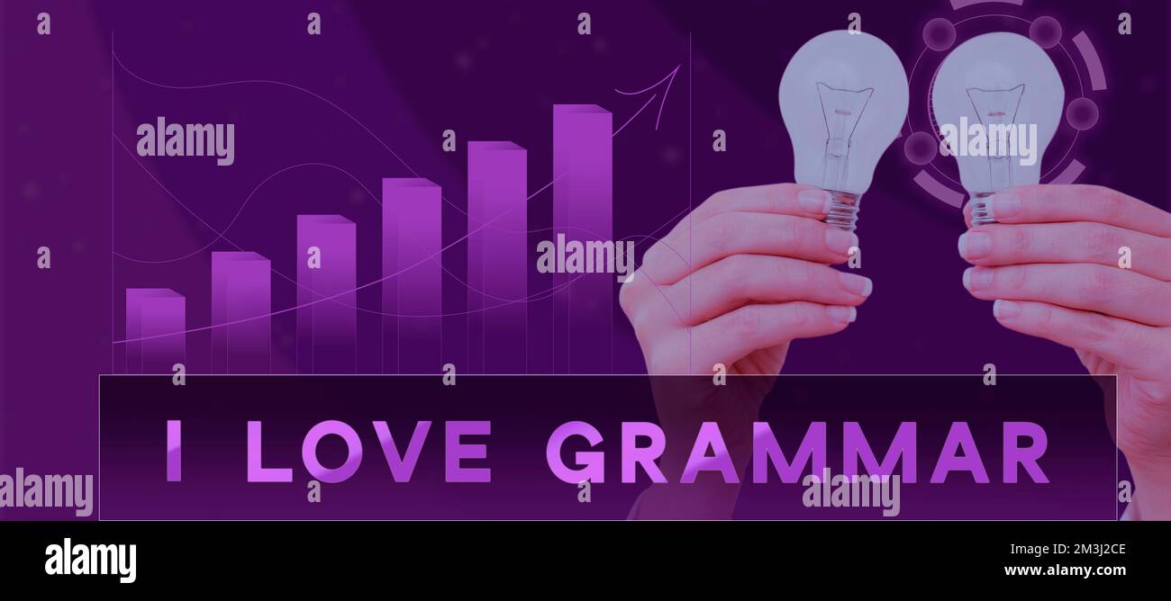 Ein Schild mit der Aufschrift "Ich liebe Grammatik", ein Business-Showcase-Akt der Bewunderung des Systems und der Struktur der Sprache Stockfoto