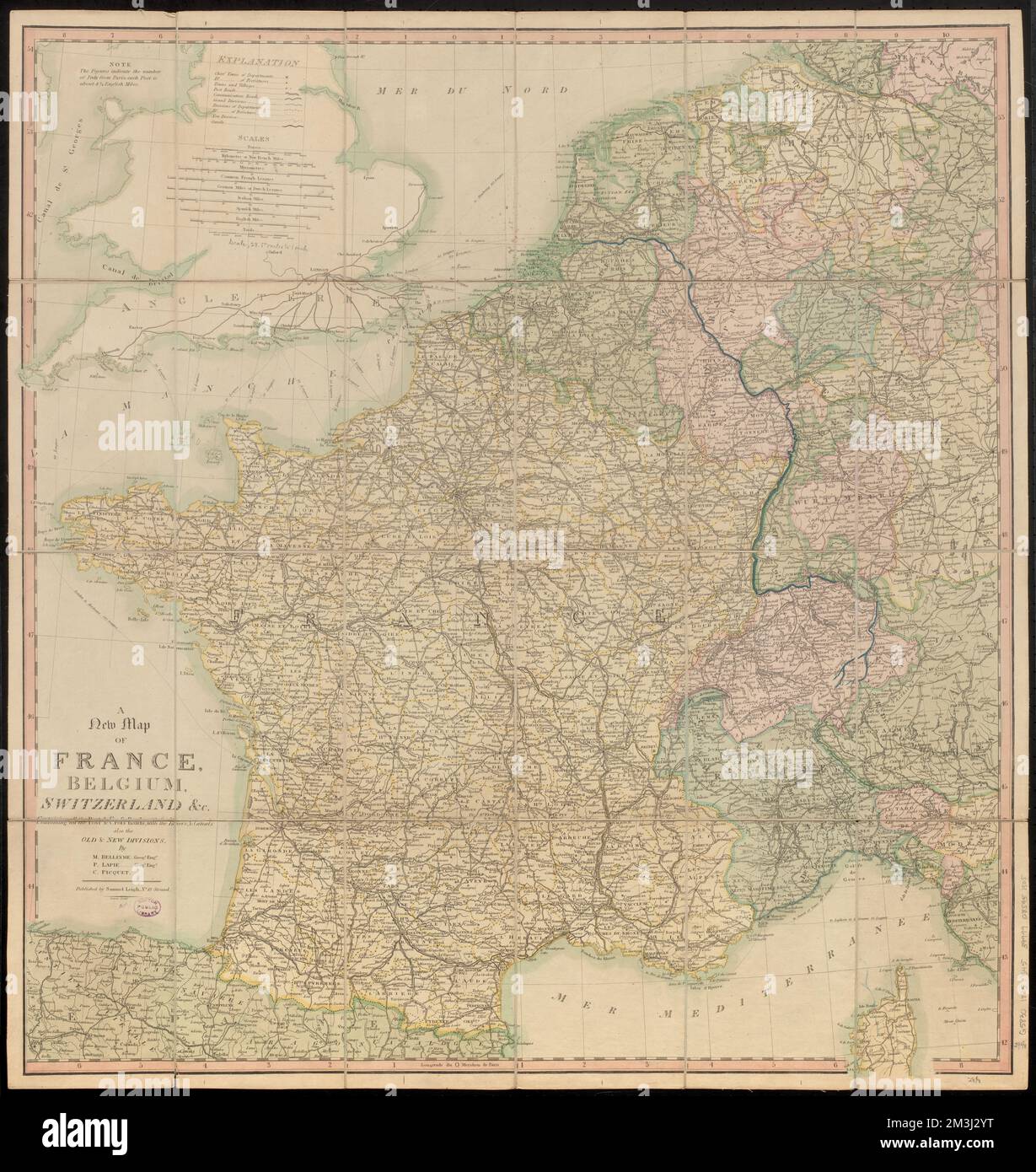Eine neue Karte von Frankreich, Belgien, der Schweiz und c. : Mit allen Post- und Kreuzungsstraßen, mit Flüssen und Kanälen, auch den alten und neuen Divisionen , Frankreich, Maps, Benelux-Länder, Maps, Schweiz, Karten, Deutschland West, Karten Norman B. Leventhal Kartenzentrum Sammlung Stockfoto