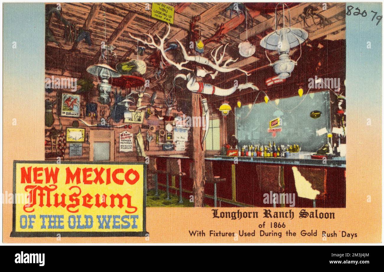 New Mexico Museum of the Old West, Longhorn Ranch Saloon aus dem Jahr 1866 mit Vorrichtungen, die während der Tage des Goldrauschs verwendet wurden, Galerien und Museen, Tichnor Brothers Collection, Postkarten der Vereinigten Staaten Stockfoto