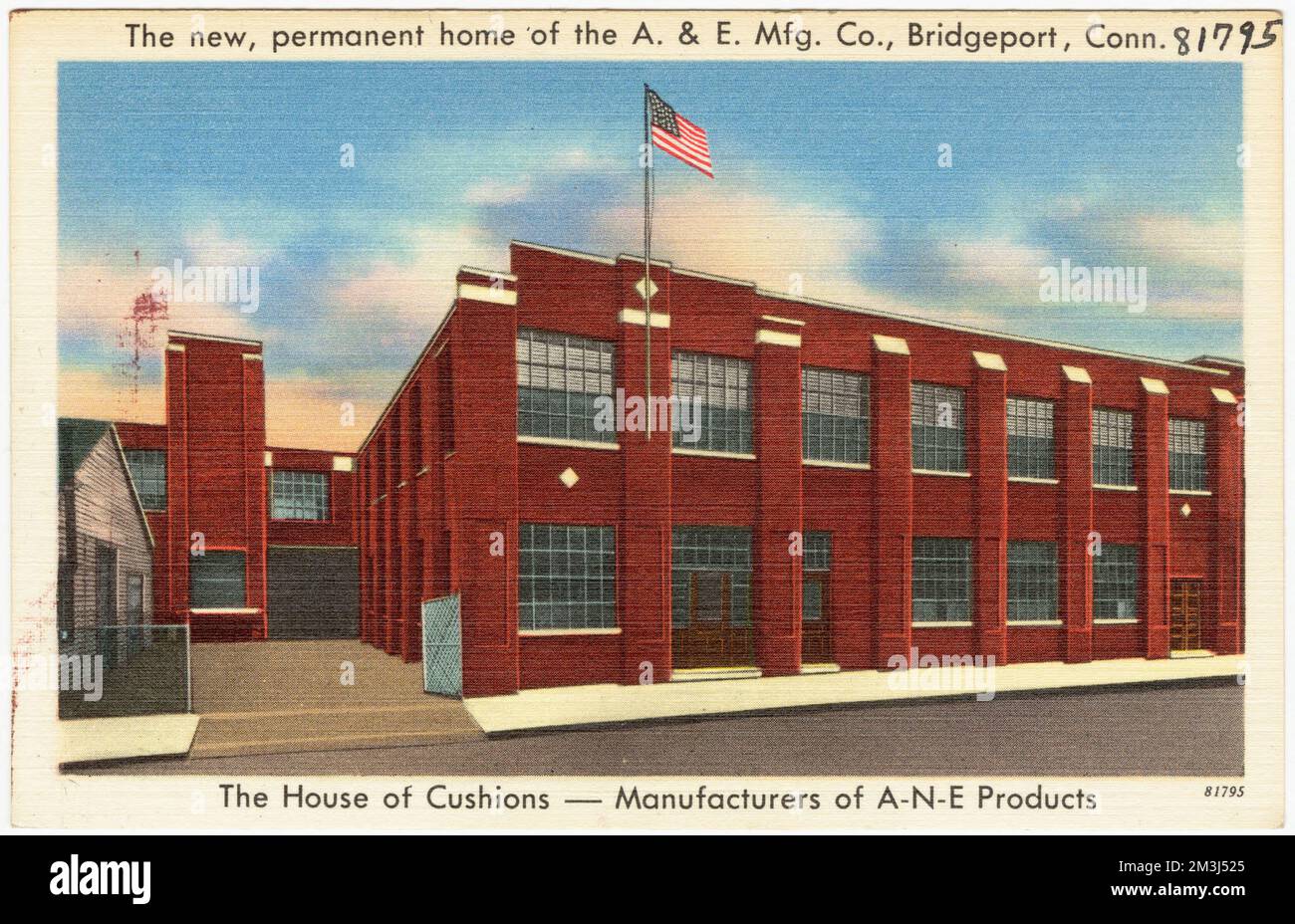 Die neue, permanente Heimat der A. & E. Mfg Co., Bridgeport, Conn Das Haus der Kissen -- Hersteller Von A-N-E-Produkten, gewerbliche Einrichtungen, Tichnor Brothers Collection, Postkarten der Vereinigten Staaten Stockfoto
