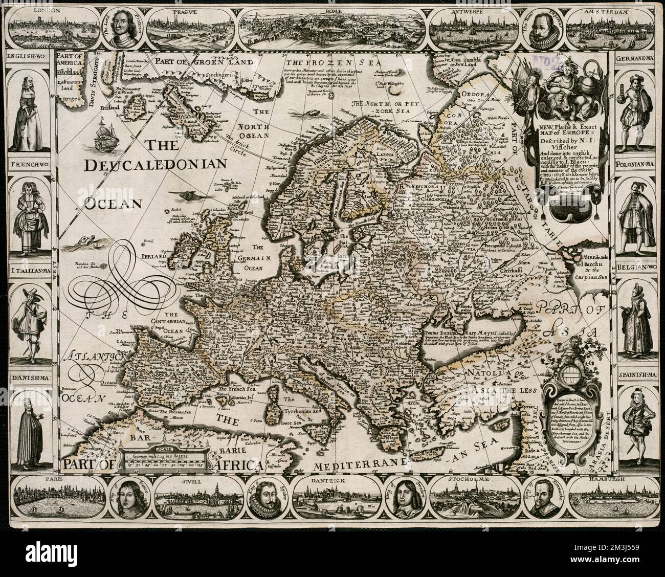 Eine neue, einfache und exakte Karte Europas : beschrieben von N.I. Visscher und auf Englisch gemacht, vergrößert und korrigiert nach I.. Blaeu, mit den Gewohnheiten der Menschen und den Gewohnheiten der cheife Cities, 1658, The Like Never before, Europe, Maps, frühe Werke von 1800 Norman B. Leventhal Map Center Collection Stockfoto