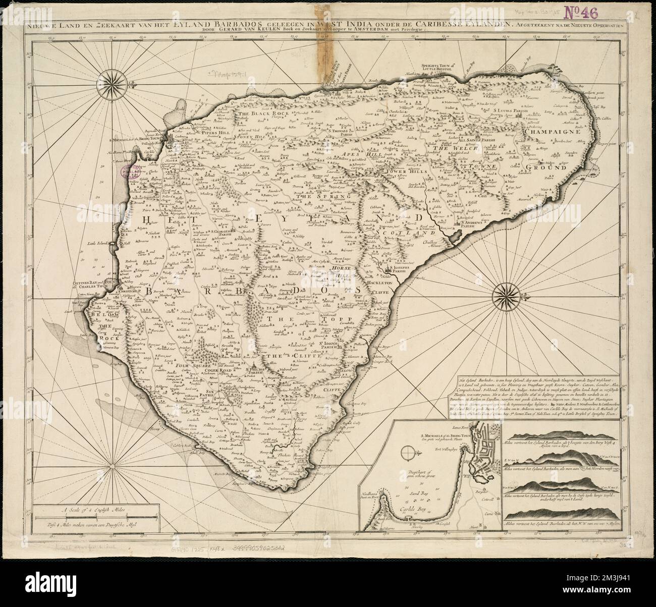 Nieuwe Land en zeekaart van het eyland Barbados geleegen in Westindien onder de Caribesse Eylanden : afgeteekent na de nieuste opservatien , Barbados, Maps, early works to 1800 Norman B. Leventhal Map Center Collection Stockfoto