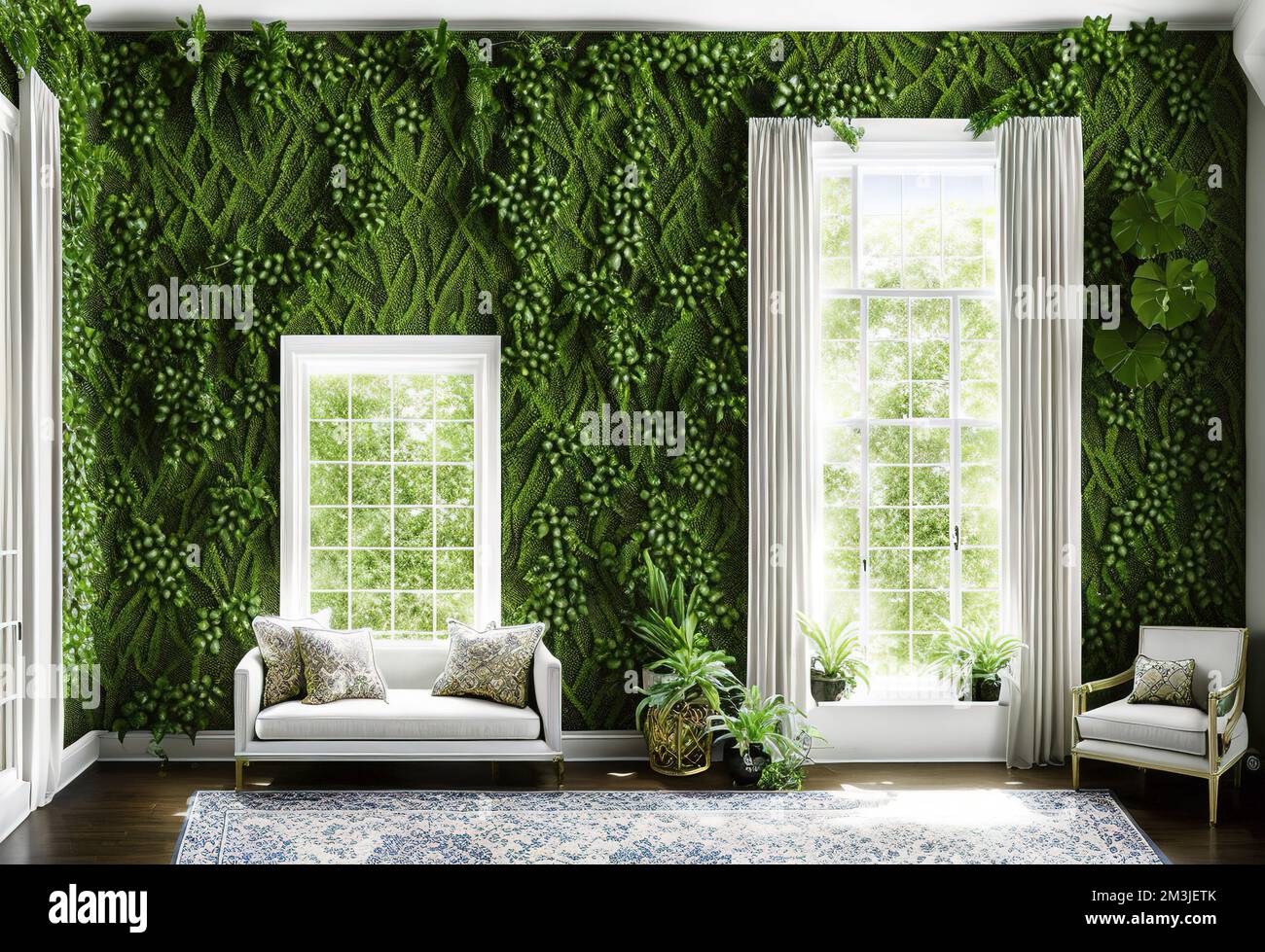 Wohnzimmereinrichtung mit Fenstern und Wänden aus grünen Pflanzen Stockfoto