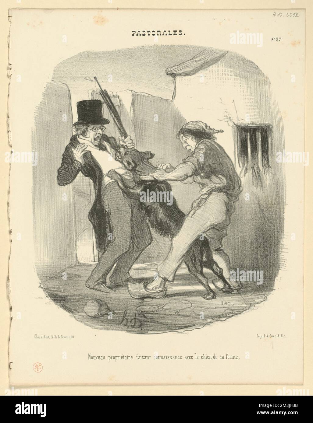 Nouveau propriétaire faisant connaissance avec le chien Honoré Daumier (1808-1879). Lithografien Stockfoto