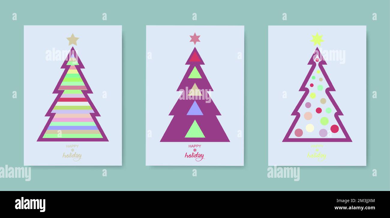 Vintage Happy Holiday-Cover. Weihnachtsbaum-Set-Karte. Designvorlagen mit Typografie, Saisonwünsche in modernem minimalistischem Stil für das Internet Stock Vektor