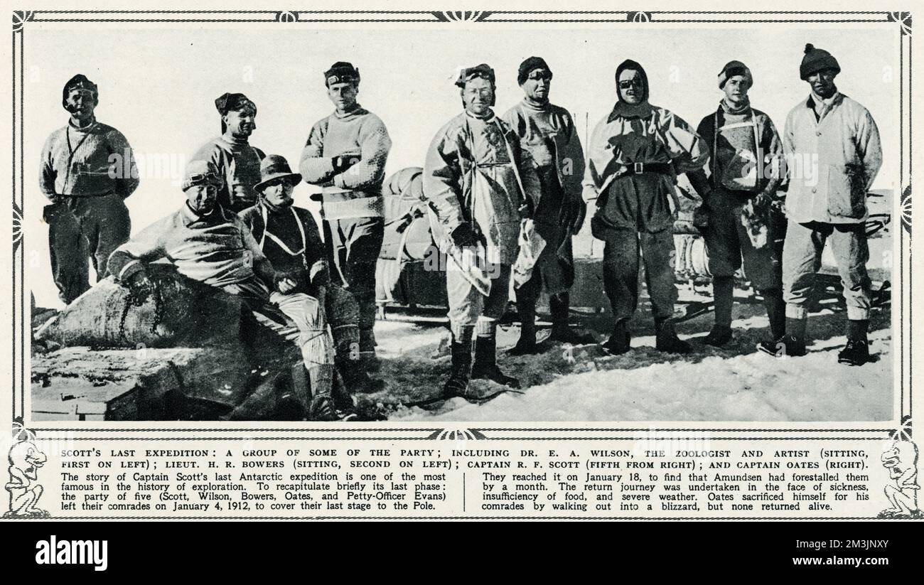 Eine Gruppe von Teilnehmern, darunter Dr. E. A Wilson, der Zoologe und Künstler (sitzt zuerst links), Lieut H. R Bowers (sitzt an zweiter Stelle links), Captain R. F Scott (fünfter von rechts) und Catain Oates (rechts). 1912 Stockfoto