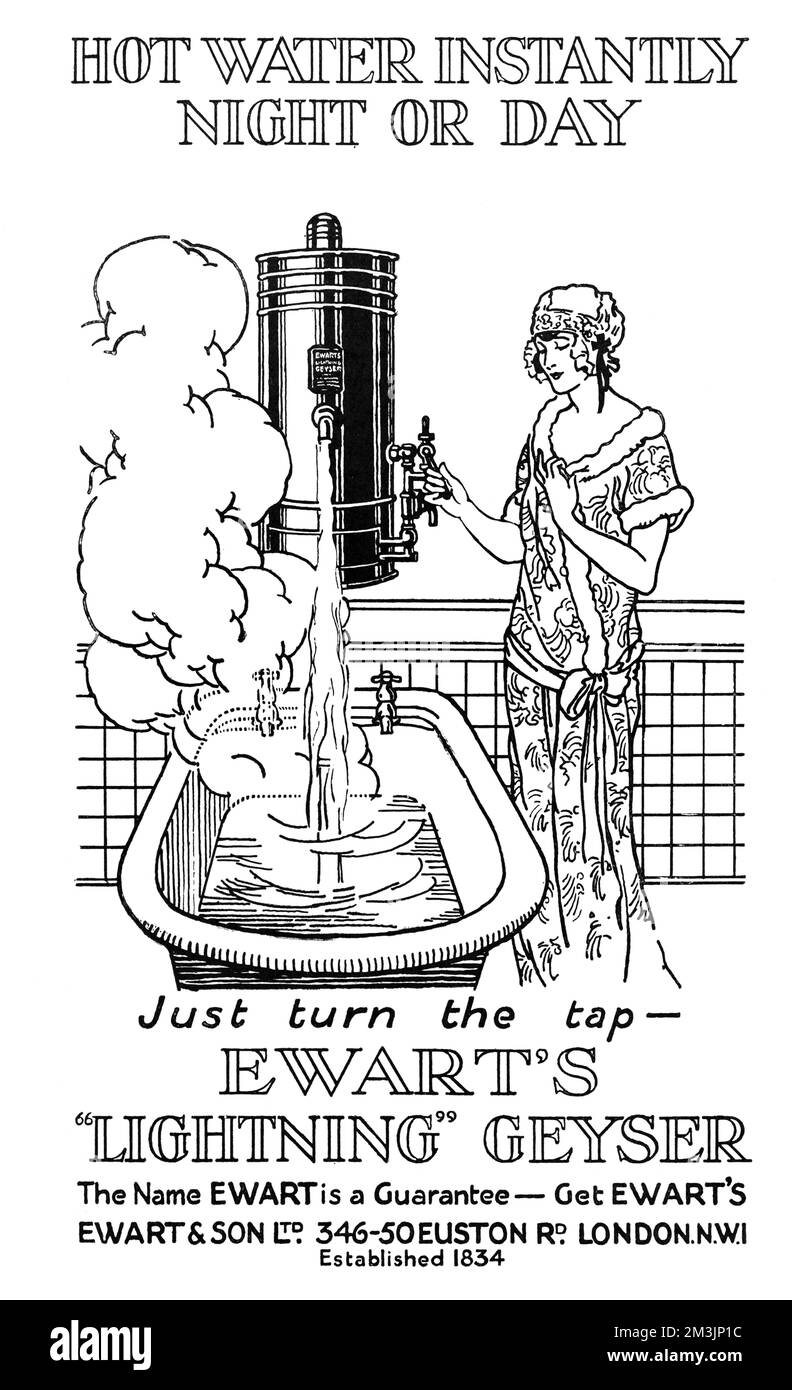 Heißes Wasser sofort bei Tag und Nacht, einfach den Hahn aufdrehen - 1925 Stockfoto