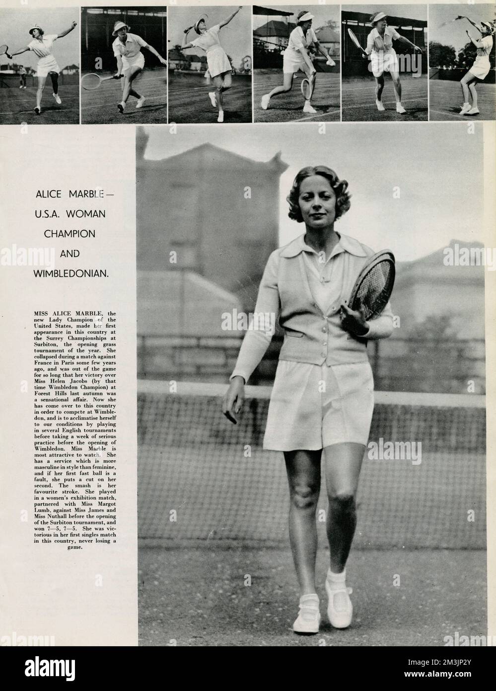 Alice Marble (1913 - 1990), weltweit Nr. 1, amerikanischer Tennisspieler, der zwischen (1936 1940) 18 Grand-Slam-Meisterschaften gewann. Datum: 1937 Stockfoto