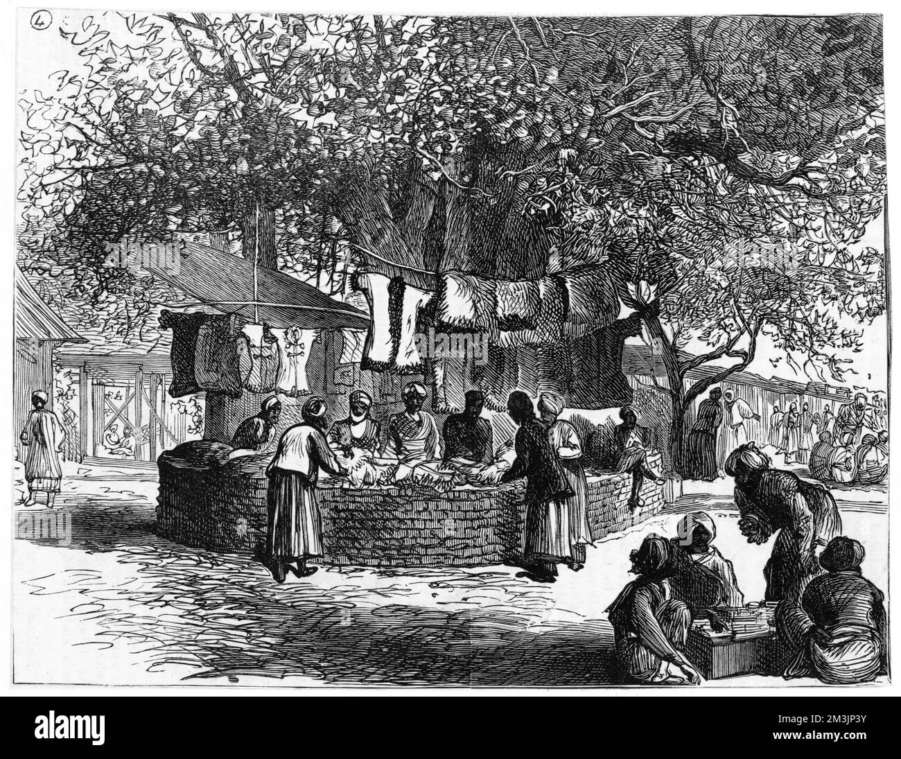 Straßenszene mit Händlern. Datum: 1885 Stockfoto