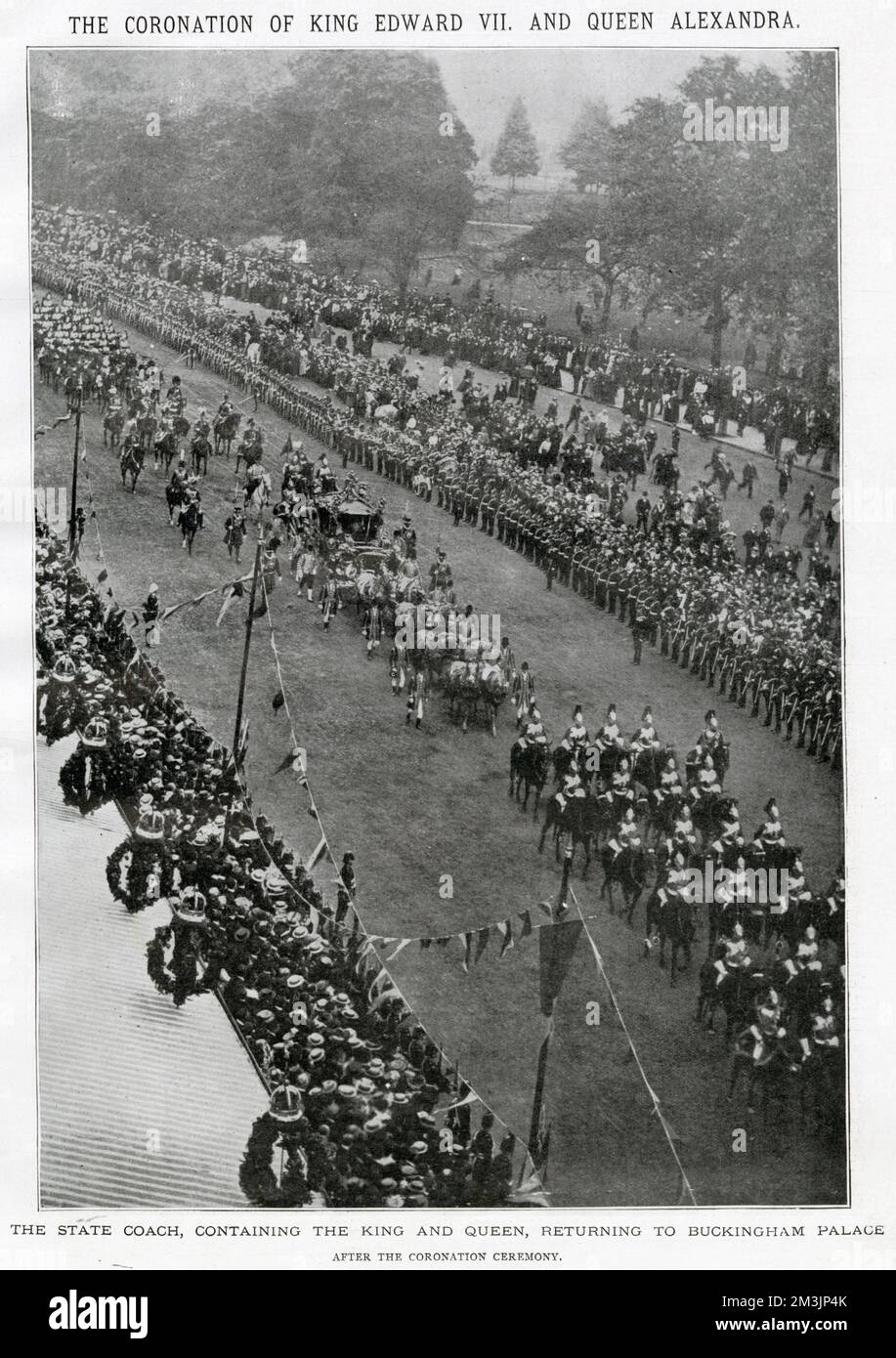 Der Gold State Coach mit König Edward VII und Königin Alexandra kehrt zurück zum Buckingham Palace in London. Stockfoto