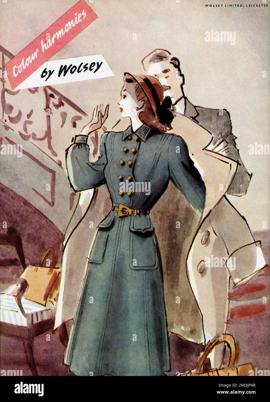 Werbung für Wolsey-Kleidung, die einen Mann zeigt, der einer Frau mit ihrem Mantel hilft. Datum: 1947 Stockfoto