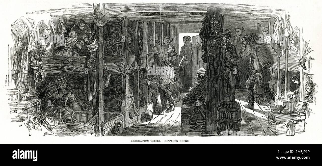 Szene zwischen Decks auf einem Emigrantenschiff, die die überfüllten und unangenehmen Bedingungen zeigt. 1851 Stockfoto