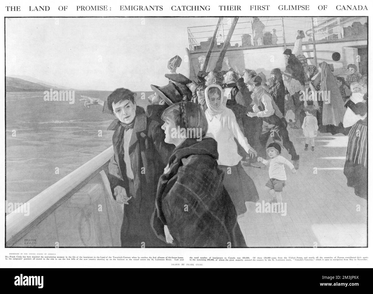 Ein seelenbewegender Moment für Emigranten nach Kanada, wenn sie zum ersten Mal ihr zukünftiges Zuhause sehen. Das Schiff kommt über die St.-Lawrence-Route, „Kanadas Gateway“, an. Datum: 28. Januar 1911 Stockfoto