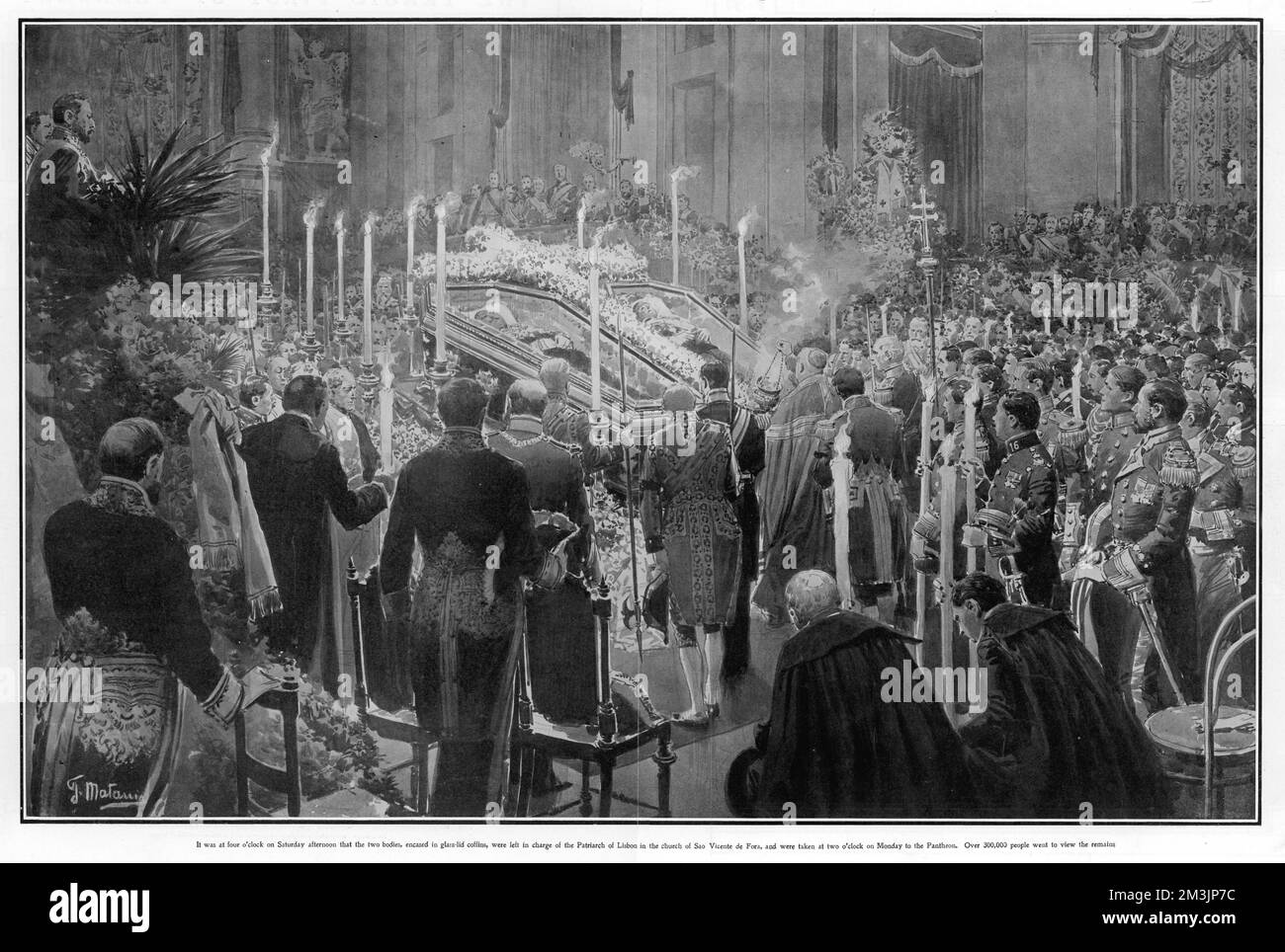 Die Leichen des ermordeten Königs Carlos I. von Portugal und seines Sohnes Dom Luiz, des Kronprinzen, liegen in Särgen mit Glasdach in der Kirche Sao Vicente de Fora in Lissabon. Datum: 15. Februar 1908 Stockfoto