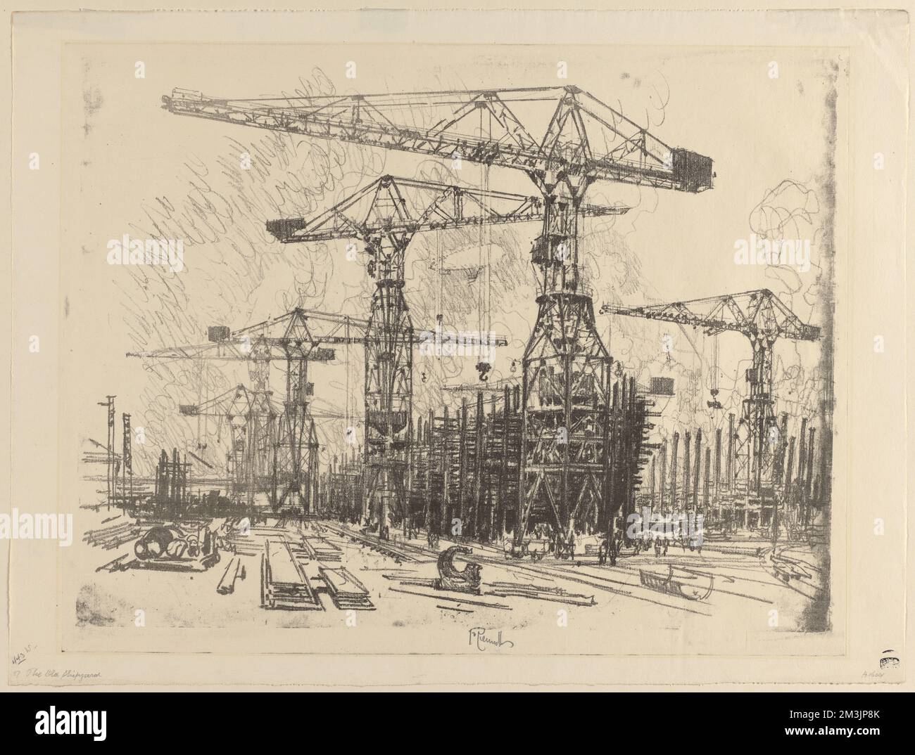Die alte Werft, Hebemaschinen, Boot- und Schiffsindustrie. Joseph Pennell (1857-1926). Ausdrucke und Zeichnungen Stockfoto