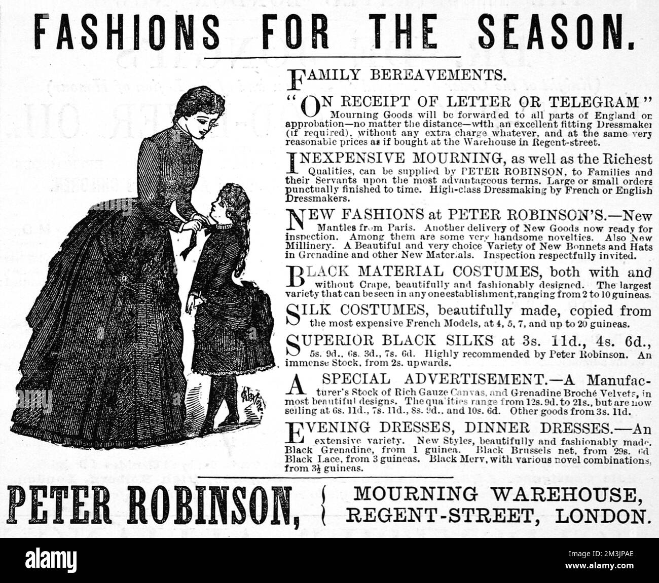 Werbung von Peter Robinson aus der Regent Street, London, mit Schwerpunkt auf dem häufigen Bedarf an Trauerkleidung in den 1800er Jahren. 1885 Stockfoto