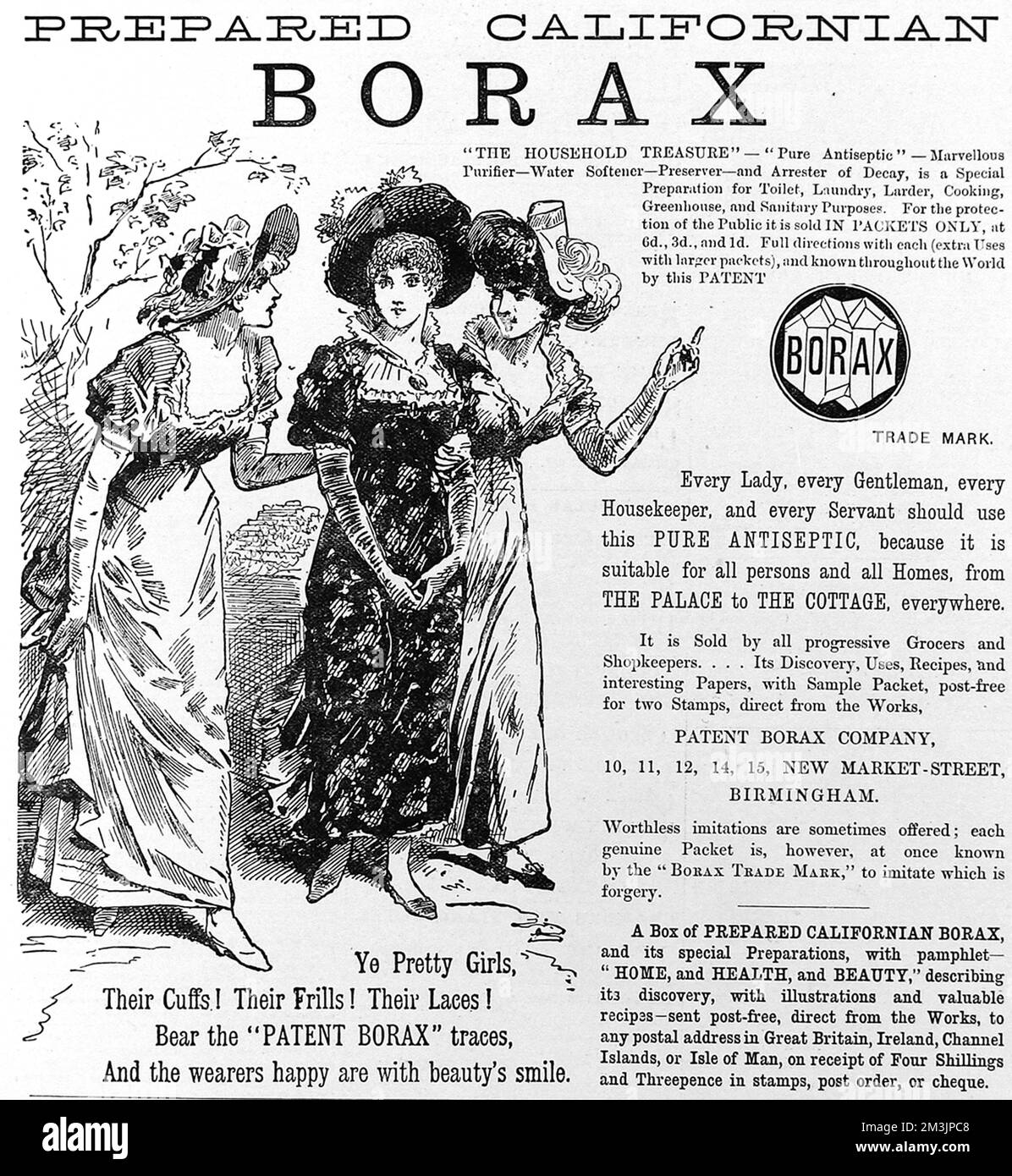 Ein romantisch gestalteter Werbespot für Borax-Antiseptikum aus dem Jahr 1885. Borax wurde für eine Vielzahl von Haushaltsarbeiten verwendet und ist als antibakterielles Reinigungs-, Fungizid- und Bleichmittel wirksam. 1885 Stockfoto