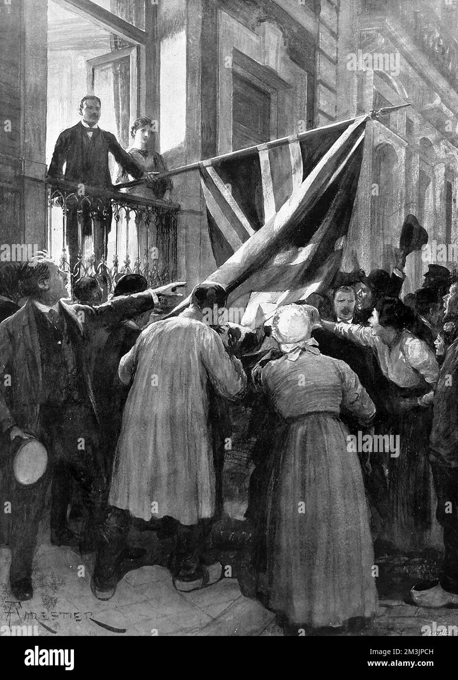 Eine Menge Belgier versammelten sich vor dem britischen Konsulat in Ostende und küssten den Union Jack. Nach einem gewissen Unglauben, dass die Briten 1914 tatsächlich Truppen nach Belgien schicken würden, brachte die Nachricht, dass die britische Expeditionstruppe ihre Reise begonnen hatte, eine nächtliche Menge hervor, die ihre Freude demonstrierte. 1914 Stockfoto