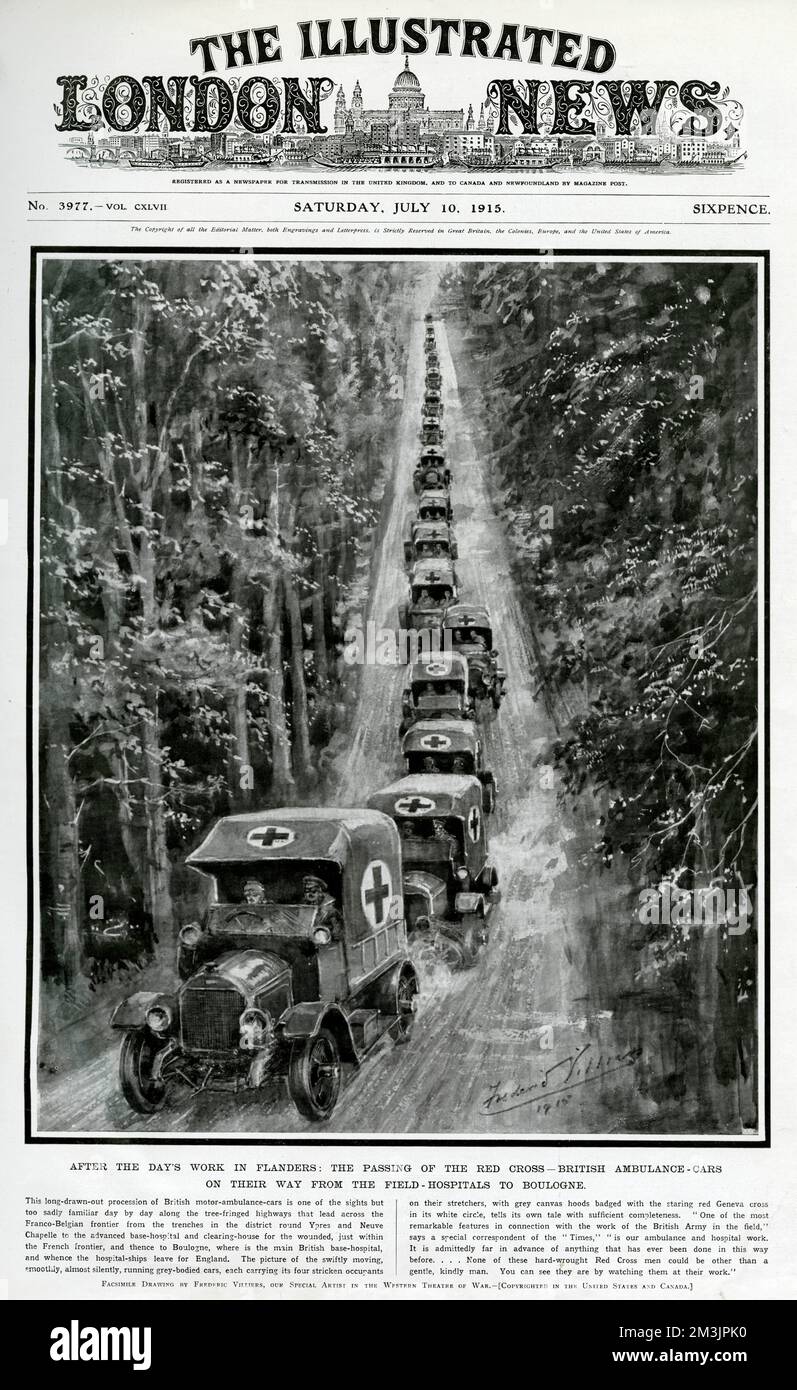 Eine Prozession von britischen Krankenwagen, die von den Gräben in der Gegend um Ypern und Neuve Chapelle zurückfahren, zum fortgeschrittenen Basiskrankenhaus und zur Clearingstelle für die Verwundeten, dann nach Boulogne, wo britische Krankenhausschiffe warten würden. Datum: 1915 Stockfoto