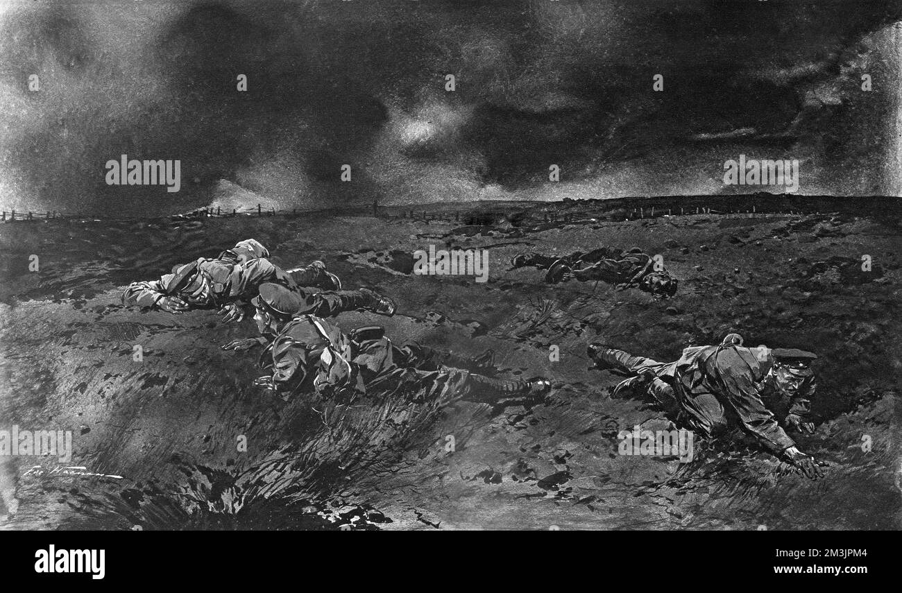 Die Abbildung zeigt britische Soldaten, die nachts im No-Mans-Land nahe am Boden kriechen, um feindliche Spießer zu finden. Datum: September 4. 1915 Stockfoto