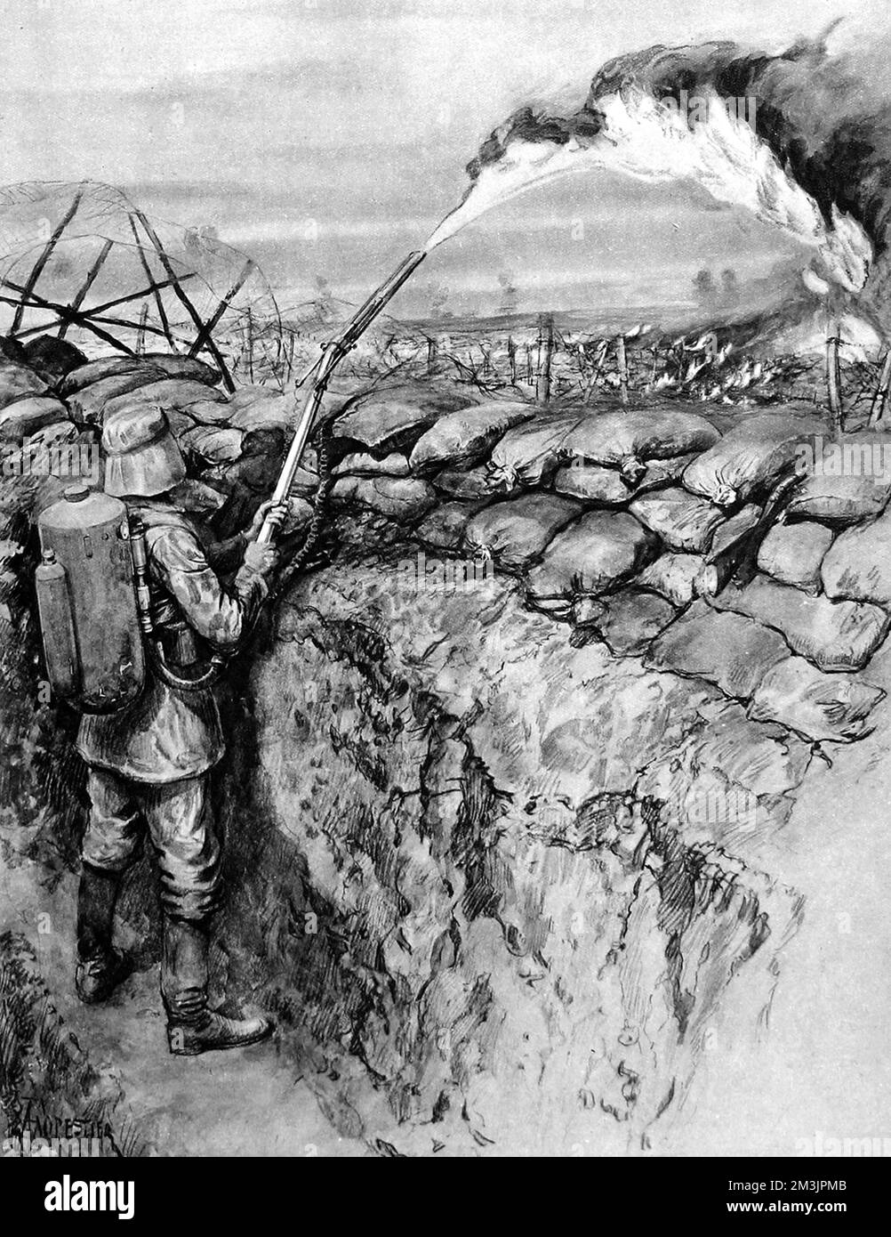 Die Abbildung zeigt einen deutschen Soldaten mit einem „Flammenwerfer“, der im August 1915 in Hooge britische Schützengräben nahm. Das ILN beschreibt dies als „tödliches Instrument“; der Flammenwerfer hatte eine Reichweite von 30 Metern und wurde mit verheerenden Auswirkungen eingesetzt. Datum: August 21. 1915 Stockfoto