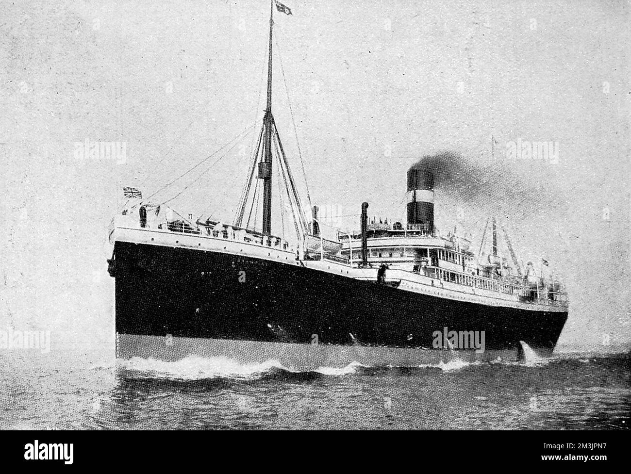 Das Schiff "Hesperian" versenkte am 4. 1915. September von einem deutschen U-Boot vor der irischen Südküste auf einer Reise von Liverpool nach Montreal. Da das Schiff nicht länger als 24 Stunden unterging, konnten die Besatzung und die Passagiere entkommen, mit wenigen Todesopfern. Stockfoto