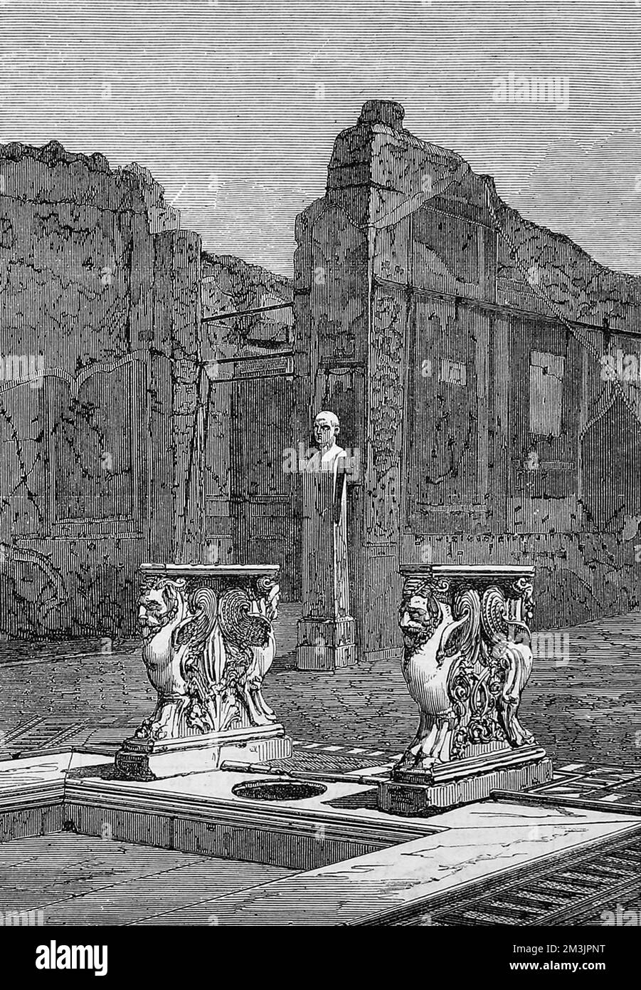 Innenansicht des Hauses von Cornelius Rufus, einer der Entdeckungen in der begrabenen Stadt Pompeji. Das Interieur zeigt eine typisch reiche römische Inneneinrichtung mit einer Büste von sich, die mit seinem Namen eingraviert ist. 1864 Stockfoto