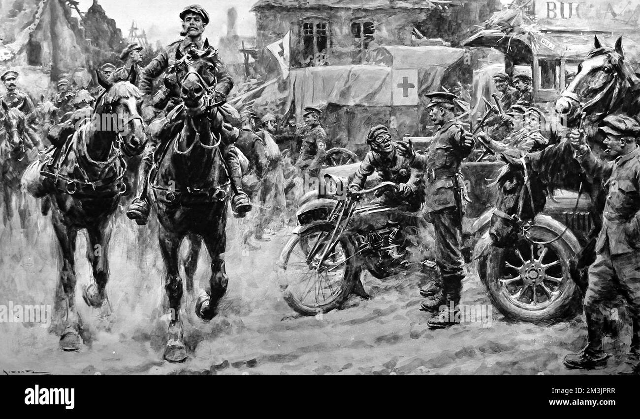 Eine chaotische Szene von Soldaten, Pferden, Verkehr und Vorräten, die an die Front geleitet werden. Stockfoto