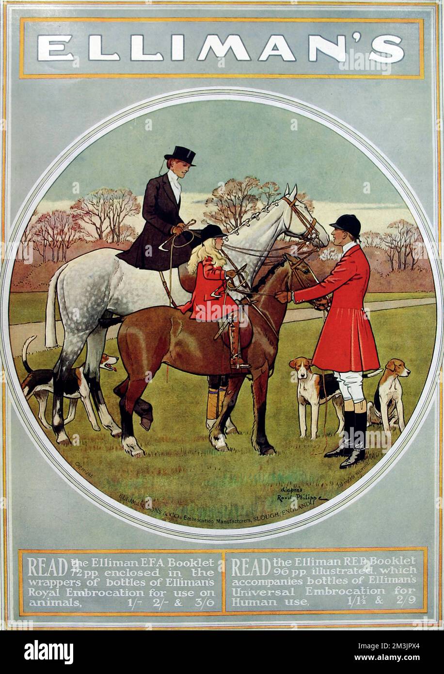 Ellimans-Embrokation zeigt eine Jagdszene. Ellimans war ein bekanntes Mittel zur Linderung von Gelenkschmerzen mit Formeln sowohl für Pferde als auch für Menschen. Datum: 1914 Stockfoto