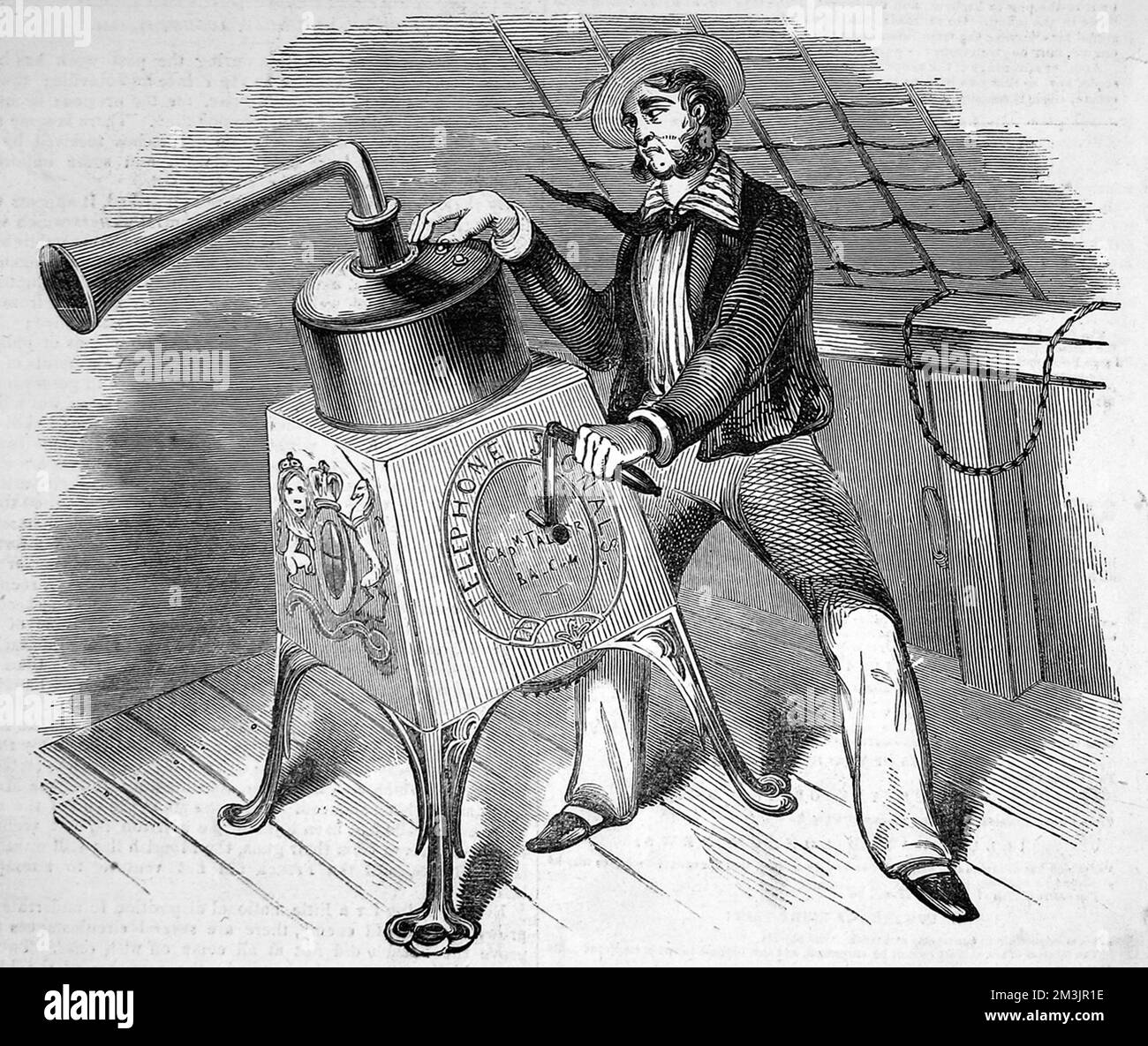 Ein Telefon oder „Marine Alarum“, das von einem Seemann verwendet wird. Dabei wurde das Prinzip angewandt, dass Luft durch eine Reihe von Ventilen und Kolben geleitet wurde, um verschiedene Notizen zu machen, die dann in Meldungen übersetzt wurden. Es ging darum, Kollisionen auf See und andere Unfälle zu verhindern. 1844 Stockfoto
