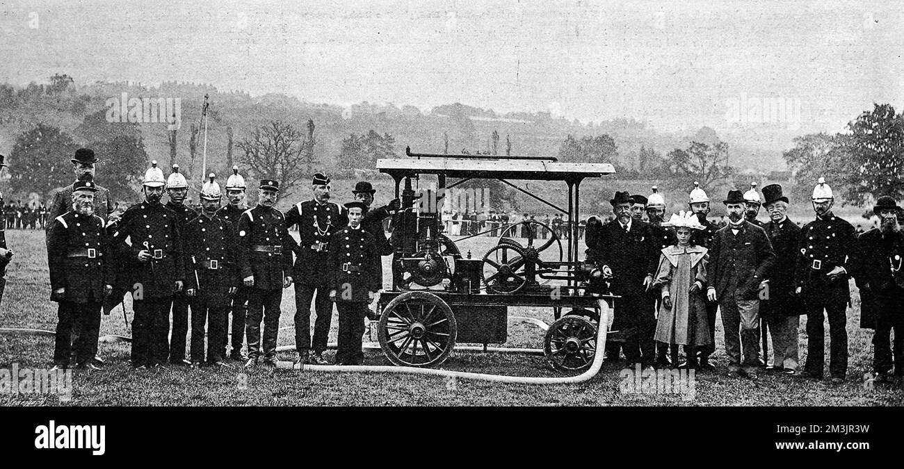 Ein Beispiel einer frühen Daimler-Feuerwehrmaschine für das Landhaus Evelyn Ellis. Datum: 1895 Stockfoto