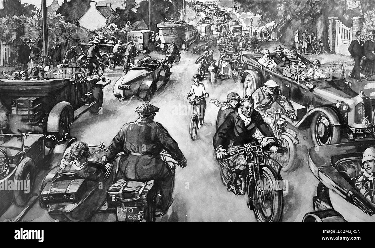 Überlastete Landstraße. Das zunehmende Verkehrsaufkommen und die ständig wachsende Zahl der Verkehrstoten aufgrund von Verkehrsunfällen waren damals Gegenstand ernster Besorgnis in der Öffentlichkeit. 1925 Stockfoto