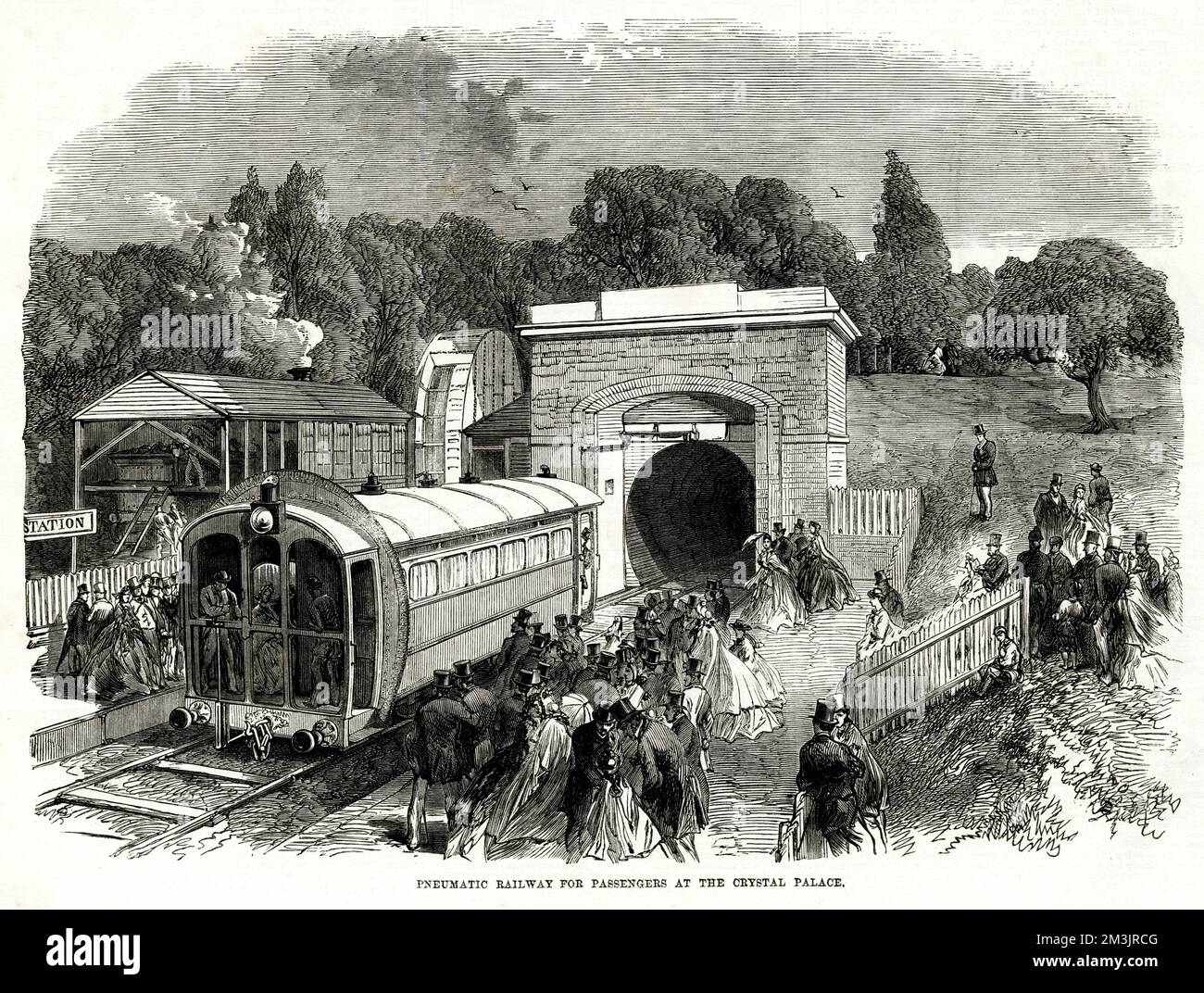 Pneumatische Eisenbahn für Fahrgäste auf dem Gelände des Crystal Palace. Ein Modell aus der Erfindung von T. W Rammell wurde ausgestellt und lief vom Eingang Sydenham zum Waffenlager, eine Entfernung von 600 Metern. 1864 Stockfoto