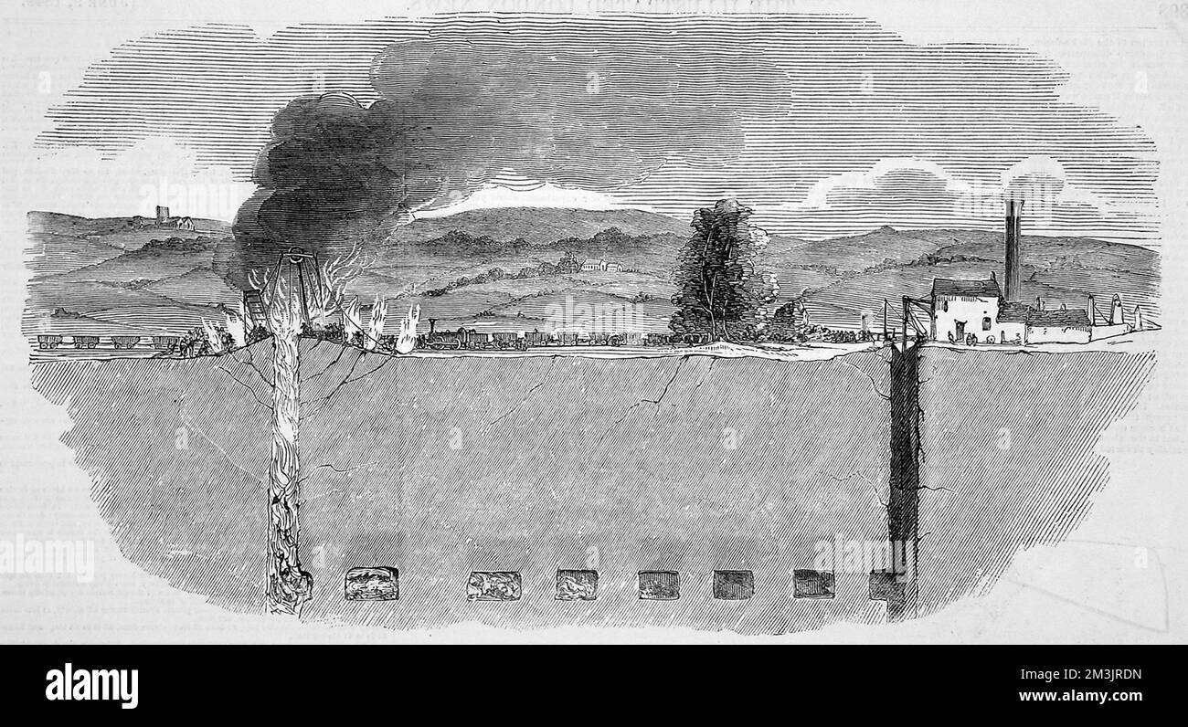 Kohlebrand in den Tyldesley Collieries bei Manchester. Das Feuer breitete sich so aus, dass alle Schächte nicht zugänglich waren. 1849 Stockfoto
