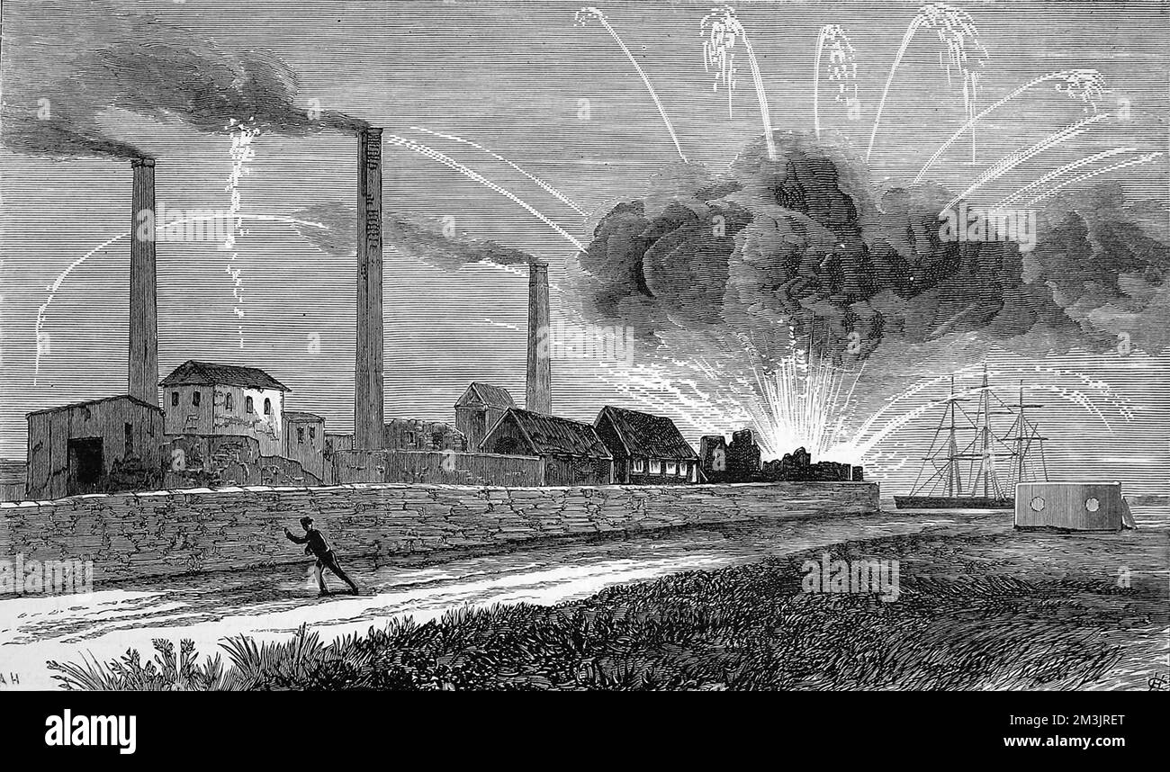 Die Explosion in einer Raketenfabrik in Woolwich Arsenal, aus Sicht von Plumstead Marshes. Die Explosion ereignete sich im Raketenlager, das nach dem Brand vollständig zerstört wurde. 1883 Stockfoto