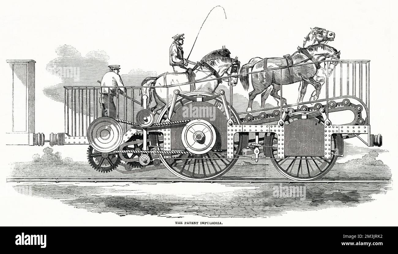 Ein geniales Mittel, um die Kraft der Tiere auf die Arbeit der Eisenbahn anzuwenden, um den teuren Lokomotivmotor zu ersetzen. Der Motor namens Impulsoria wurde in Italien erfunden und auf der South Western Railway ausgestellt. Stockfoto